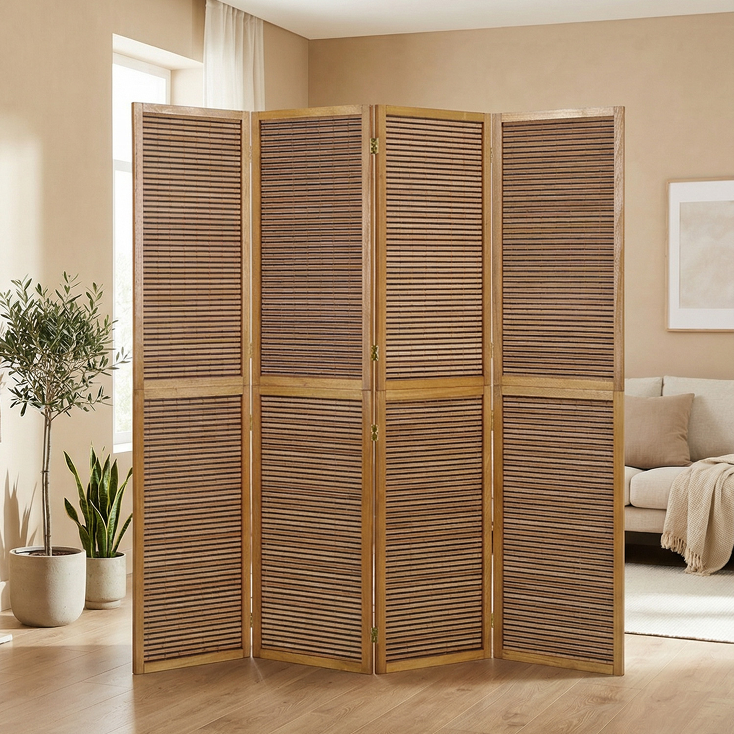 Paravent Brown Wooden Slats | 4-panel | Wood | Room Divider Partition Privacy Screen