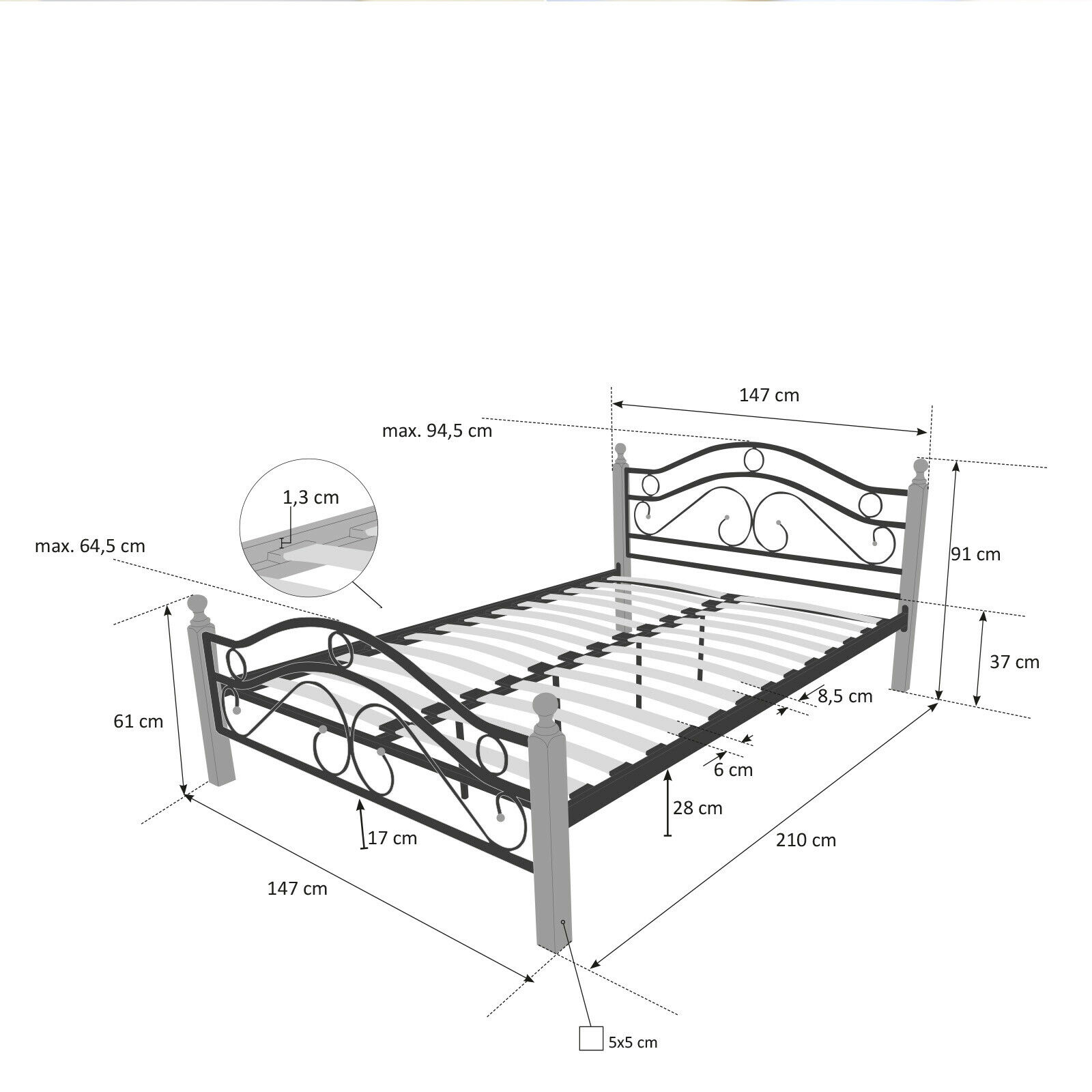 Metal Bed Iron Bed Double 140 x 200 Wood Slatted black natural bed frame 803