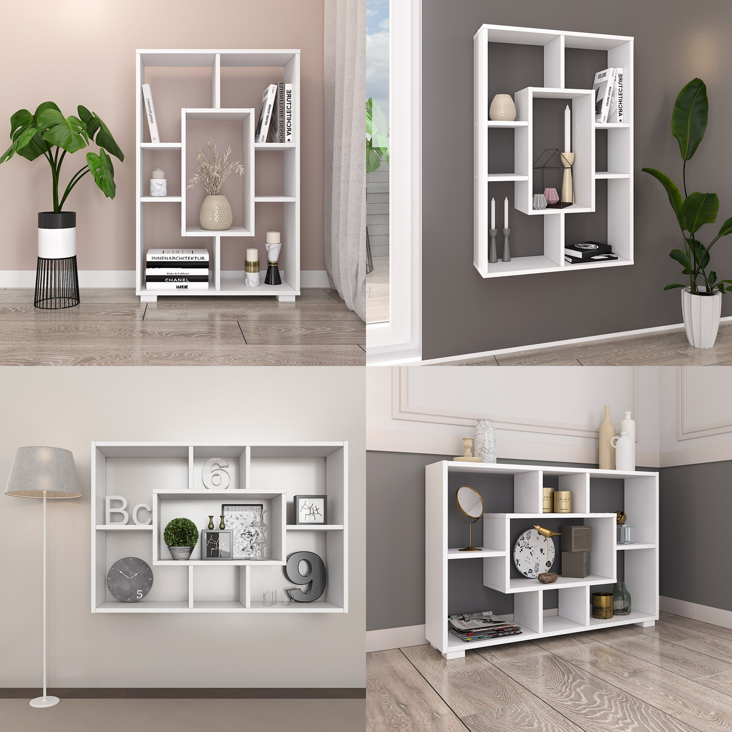 Shelf 4 Versions Floor or Wall Shelf 7 Compartments Bookcase Oak White Wood Solid Modern