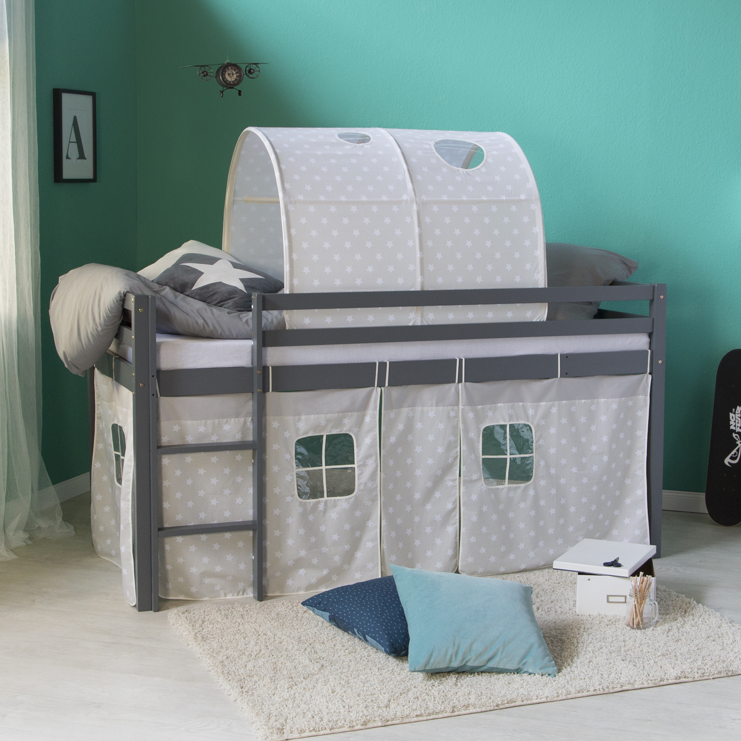 Loftbed 90x200 cm Grey Bunk bed Childrens bed Solid Pine Wood Tower Tunnel Curtain Stars Slide Mattress Slats