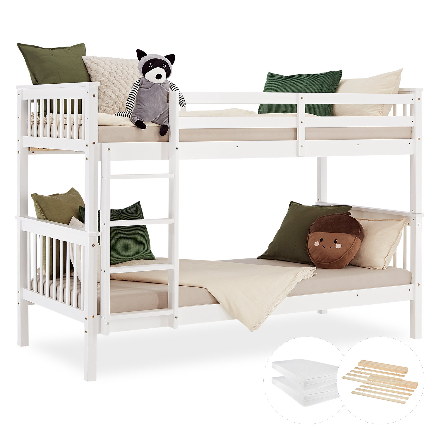 Bunk Bed 90x200 cm White | Kids Bed with Mattress | Fall Protection | Convertible | Massif pine wood