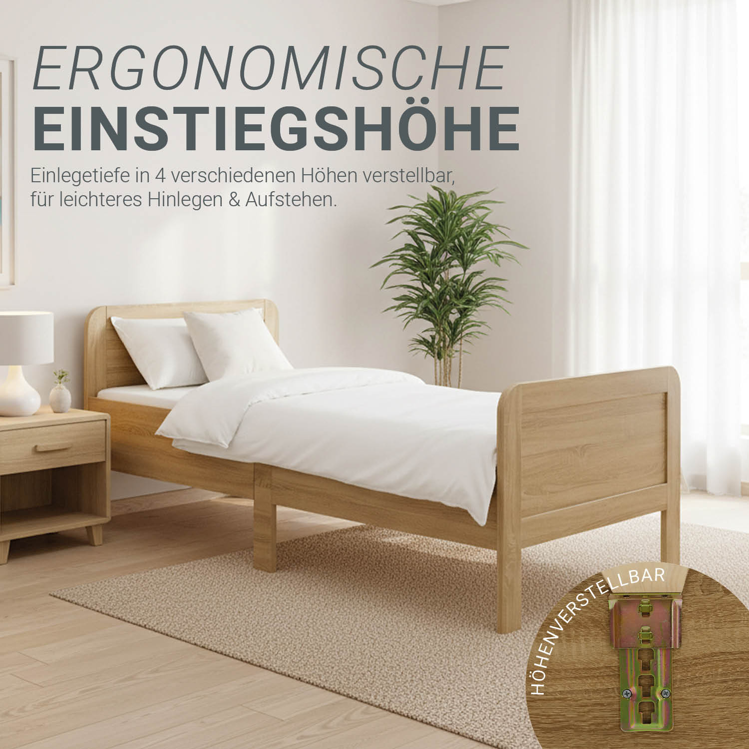 Comfort Bed 90x200 cm Natural | Senior Bed Height Adjustable | Single Bed | Wood | without Slatted Frame