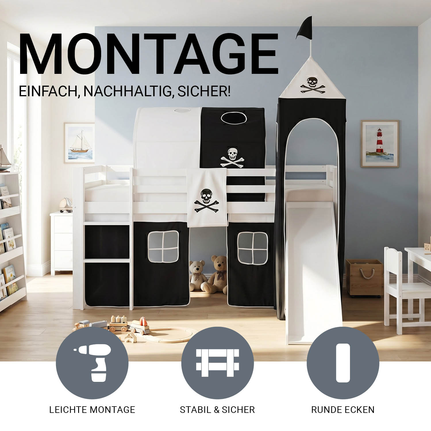 Children's Loft Bed 90x200 cm White with Black Curtain | Tunnel | Tower | Slide | With Slatted Base | Pirate | Boy