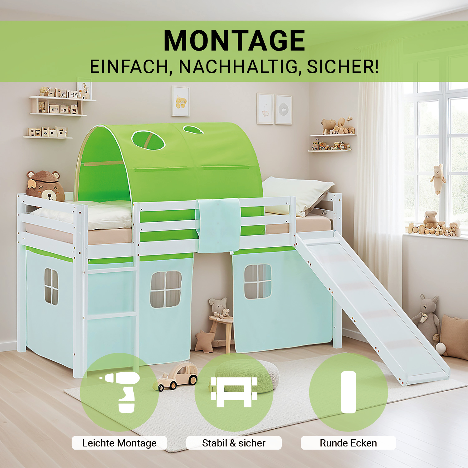 Loft Bed for Kids 90x200 cm White with Curtain & Tunnel in Green | Slide | with Slatted Frame and Mattress
