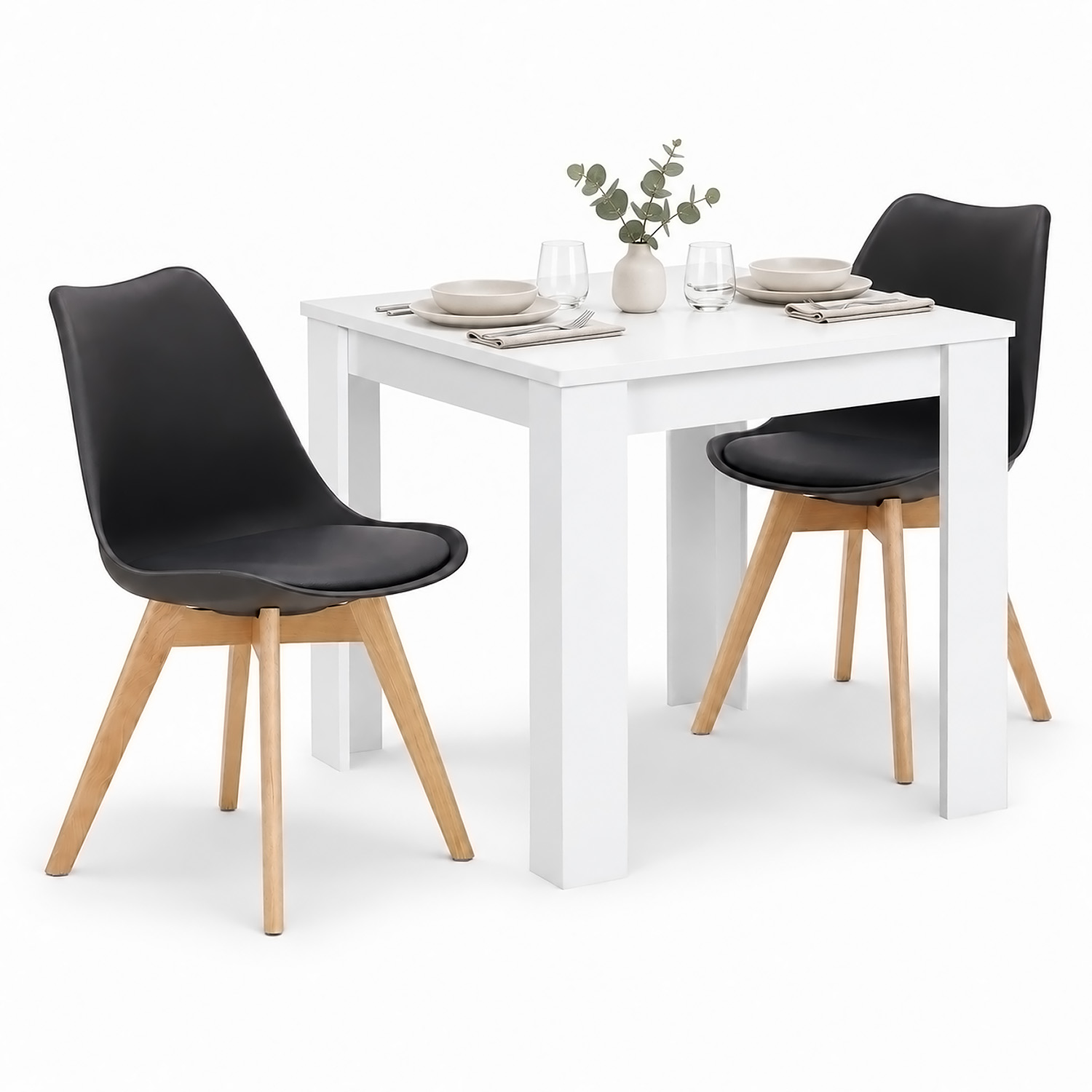 Dining Set (3-Piece): 80x80 cm white dining table with 2 black plastic chairs and wooden legs