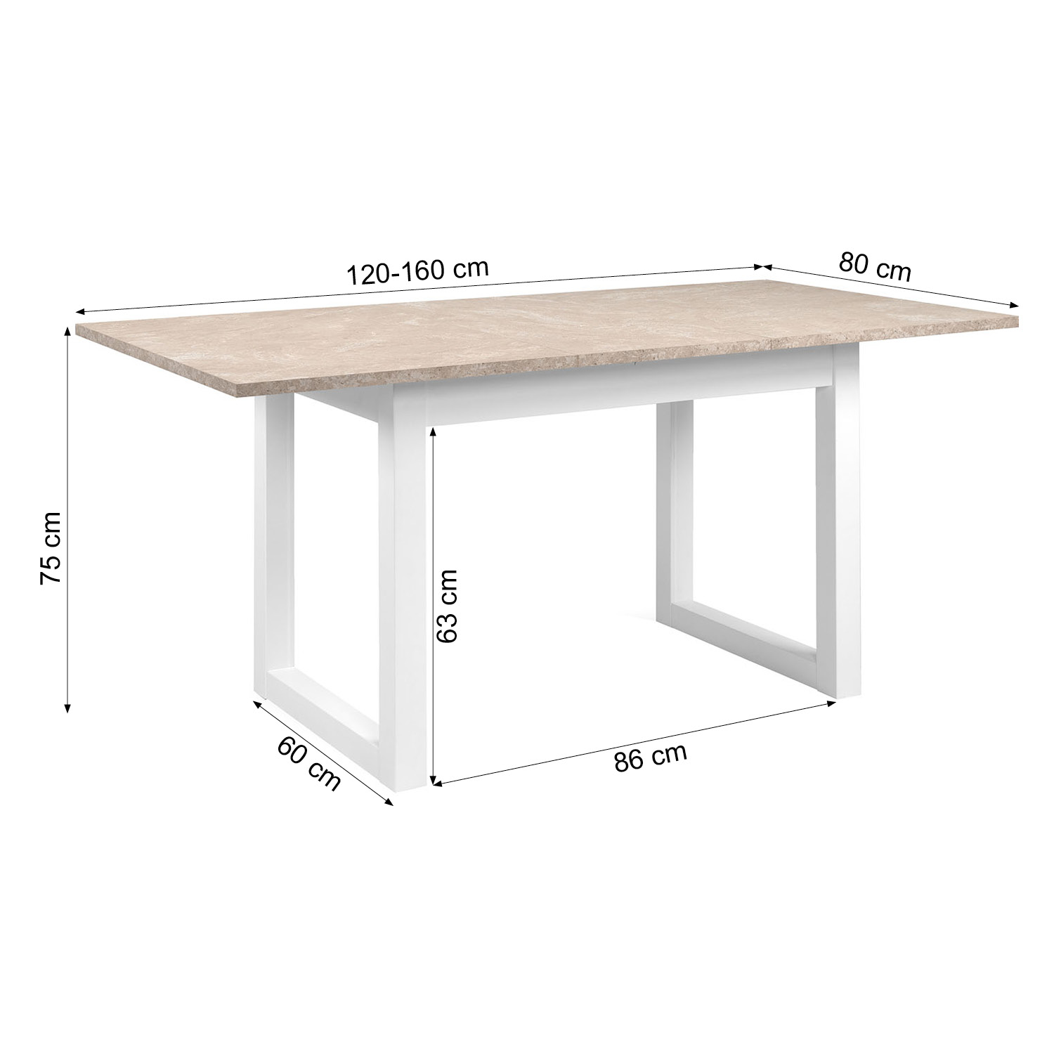 Extendable Dining Table 120x80 cm Kitchen Table Wooden Table White Sand stone Living Room Table
