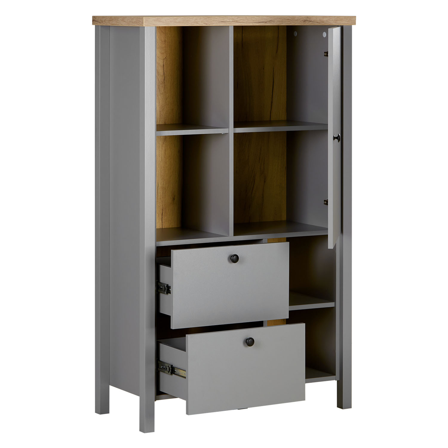 Highboard Sideboard Grey Wood Natural Storage 2 Drawers Cabinet Buffet Credenza Living Room Cupboard