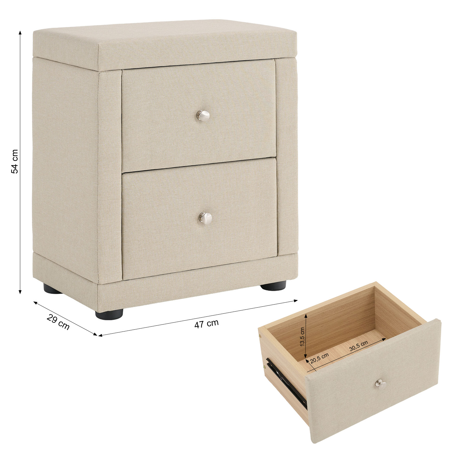 2 Bedside tables Nightstand bedroom 2 Chest drawers Side table Beige fabric
