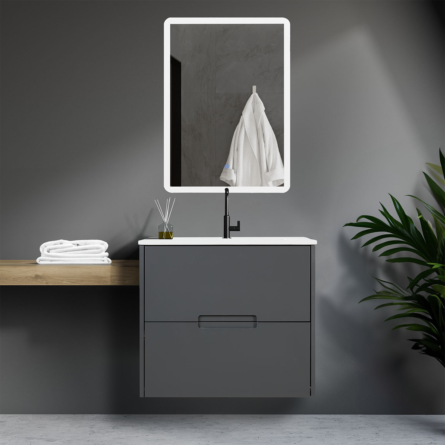 Bathroom cabinet 60 cm Wood Grey Storage Vanity unit Bathroom furniture Sink unit Washroom wall cabinet Bathroom mirror