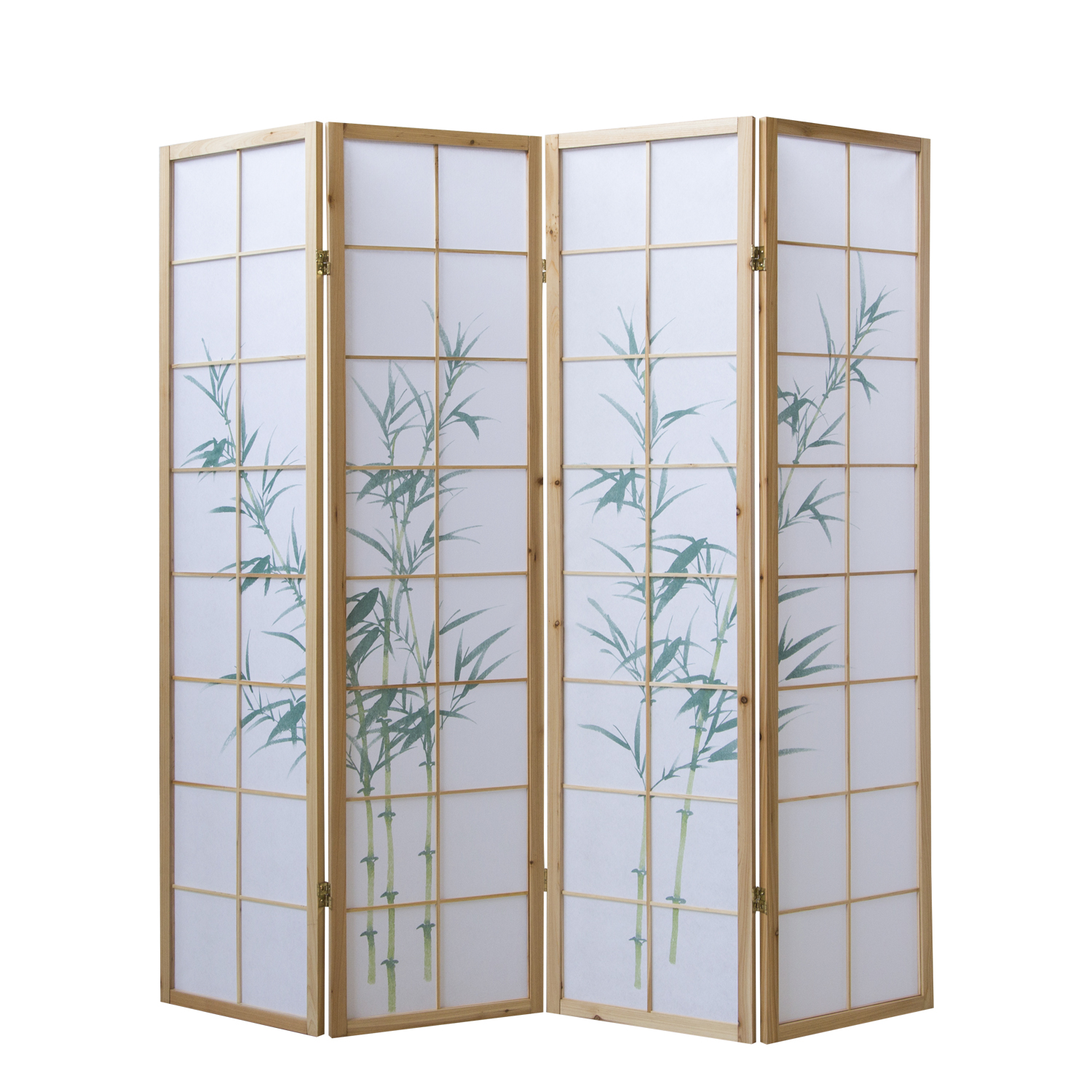 Paravent room divider 4 parts, wood natural, rice paper white, bamboo pattern, height 175 cm	