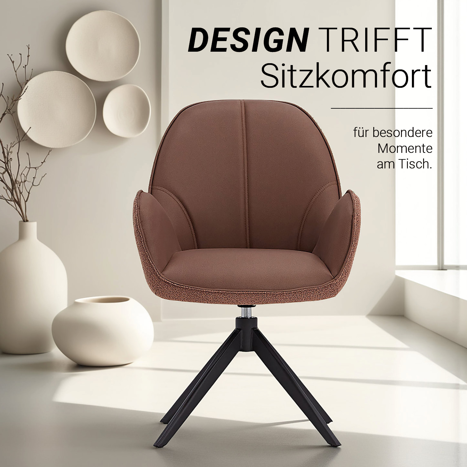 Upholstered Chair Bouclé Leather Brown | single | swivel | with Armrests | Kitchen Dining Room Office