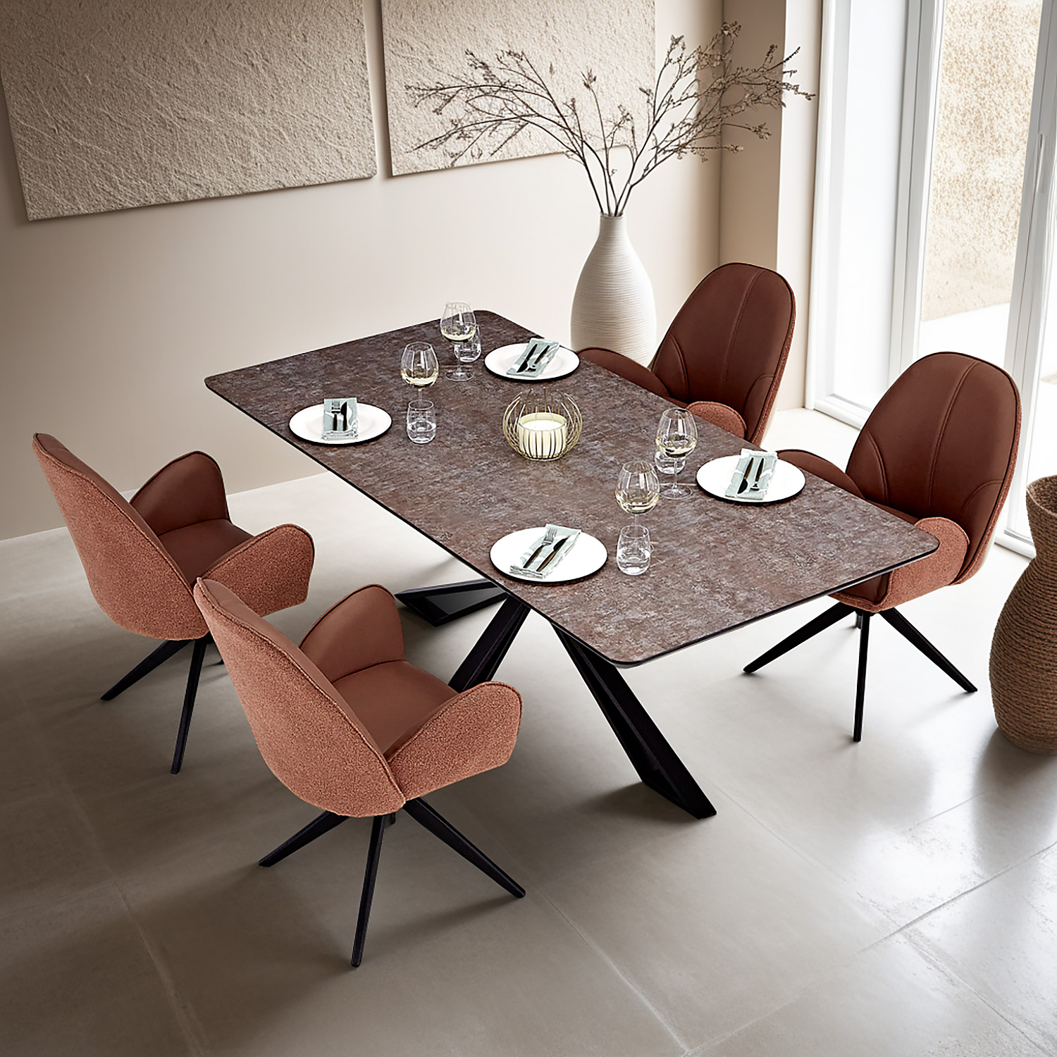 Dining set | 4-piece set upholstered chairs brown bouclé Leder with armrest | swivel | dining table brown metal frame 200 x 100 cm