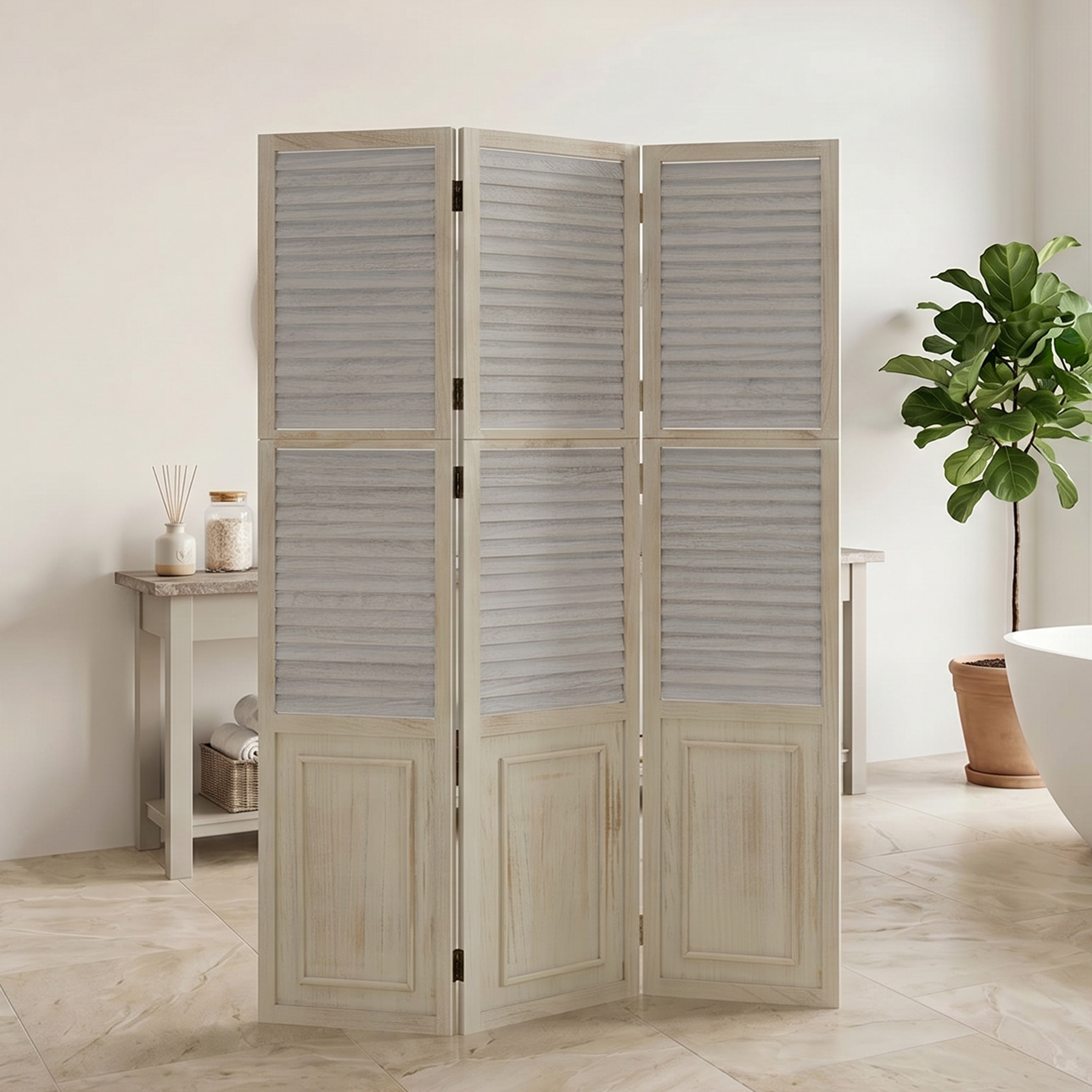 Paravent Grey Wooden Slats | 3-panel | Wood | Room Divider Partition Privacy Screen