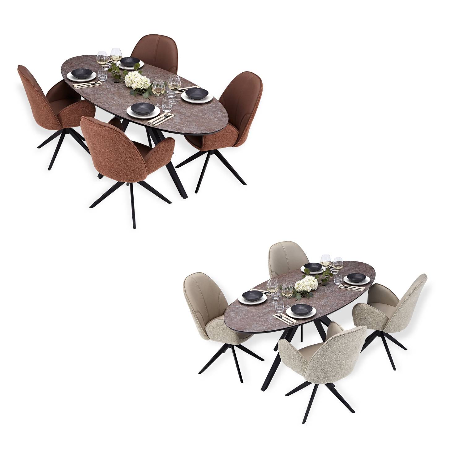 Esstisch mit 4 Stühlen Set Essgruppe Polsterstühle Drehbar Bouclé Leder Braun Beige Esszimmertisch Oval Metall Schwarz