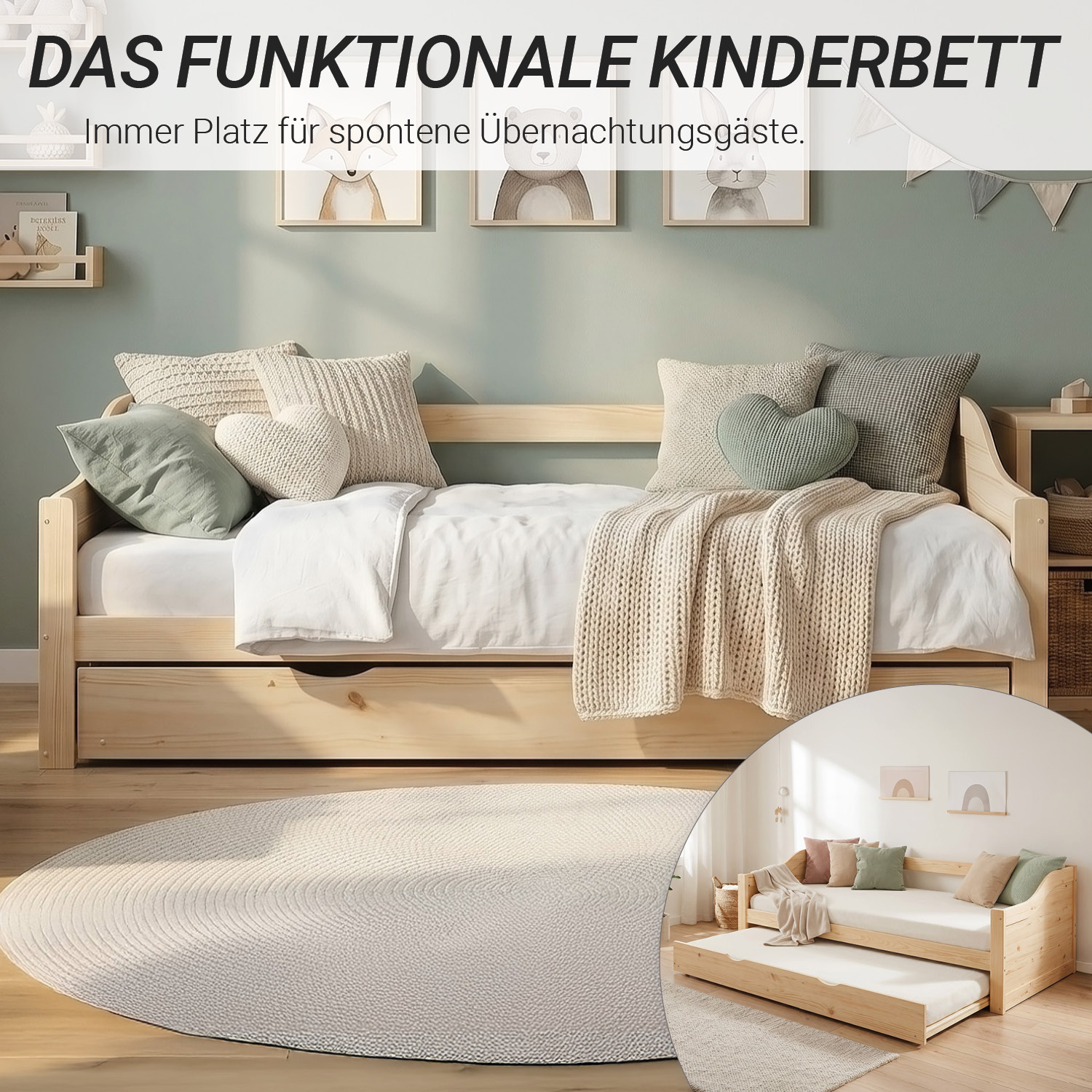 Wood Bed 90x200 cm Natural | Extendable | Cabin Bed | with Mattress | Kids Youth Guest Bedroom