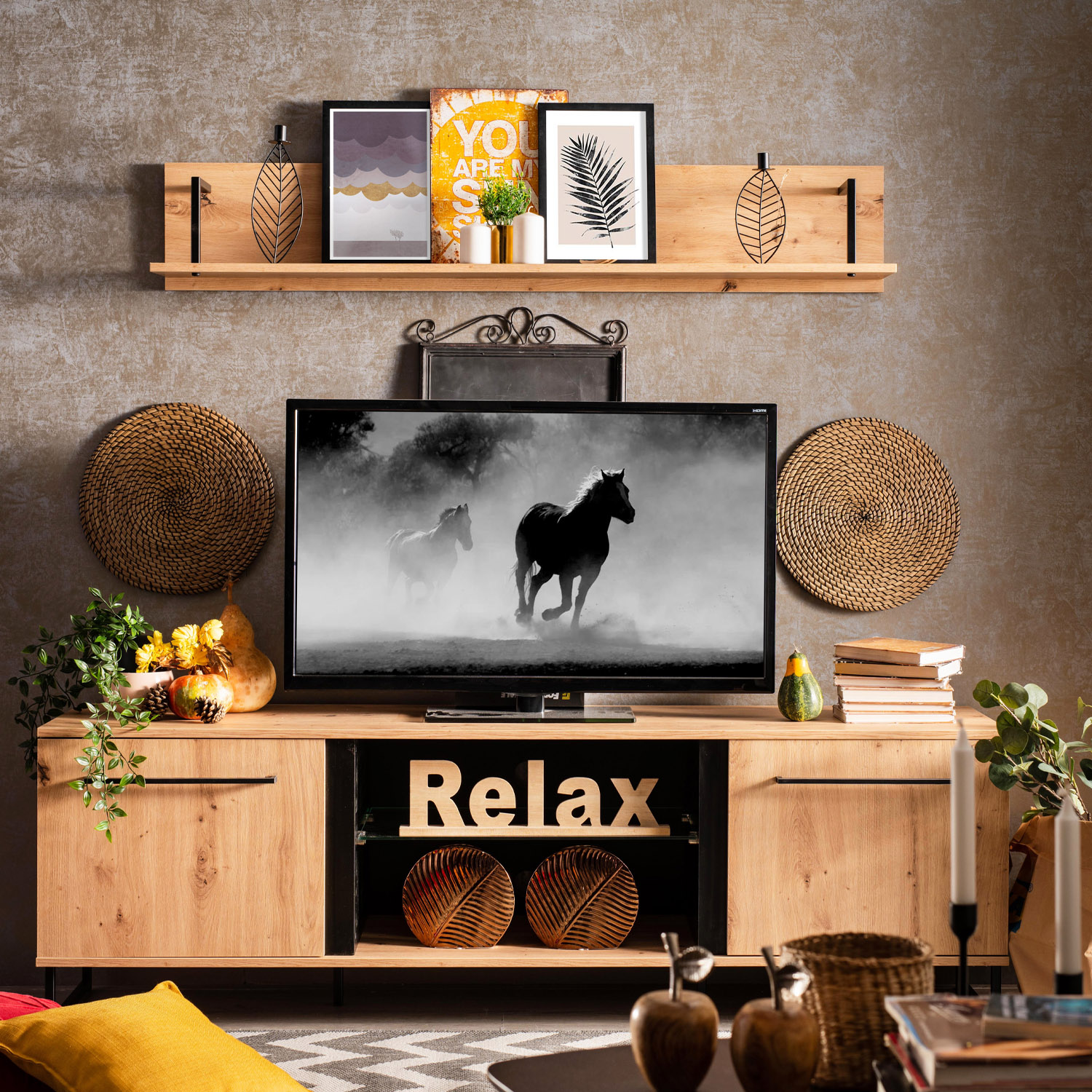 Modern Living Room Unit Cupboard Set Wall Unit TV Set with Storage Entertainment Center Industrial Style