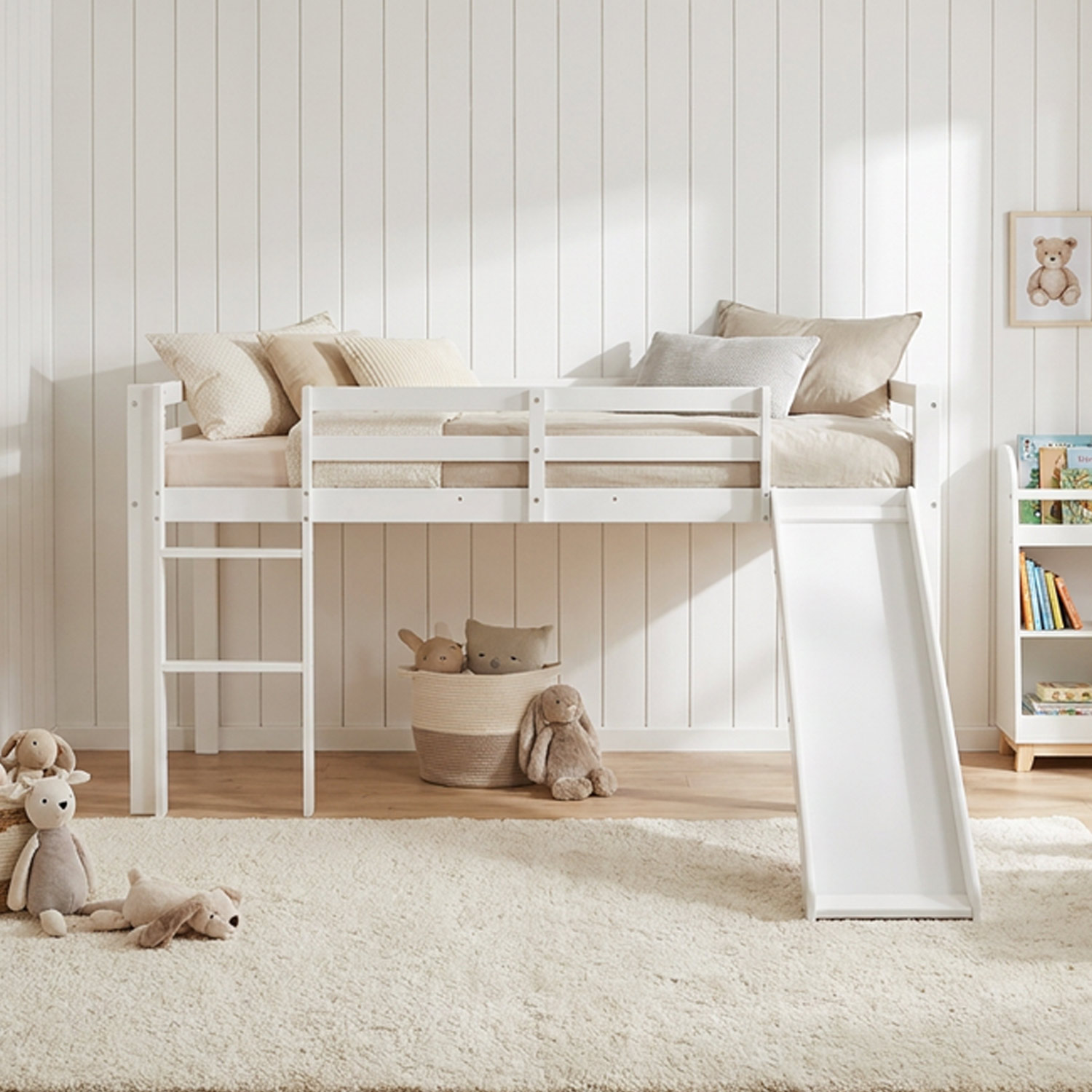 Loft Bed with Slats, Ladder and Slide 90x200 cm Children's Bed Bunk Bed High Sleeper Wood White