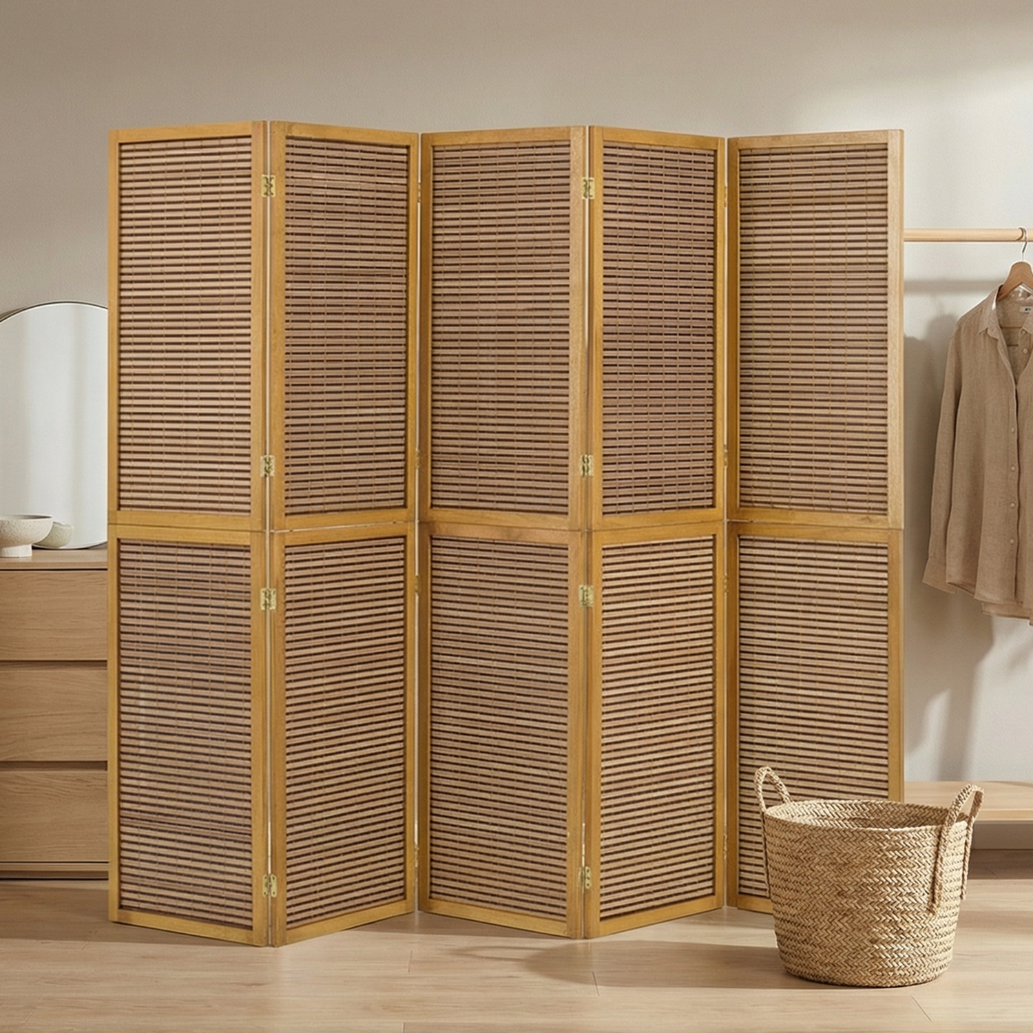 Paravent Brown Wooden Slats | 5-panel | Wood | Room Divider Partition Privacy Screen