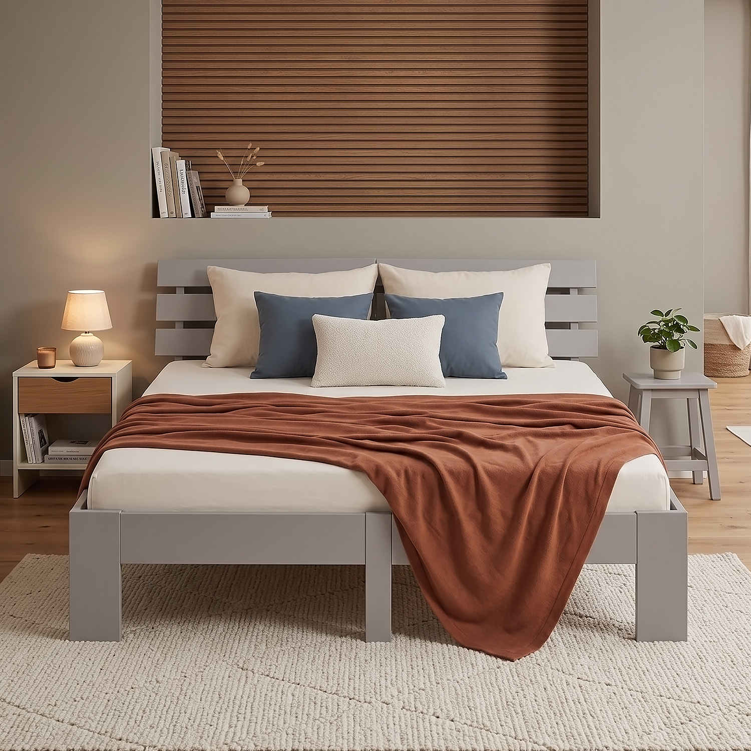 Wood Bed 140x200 cm Grey | Double Bed | with Spring Mattress | Solid | Youth Guest Bedroom