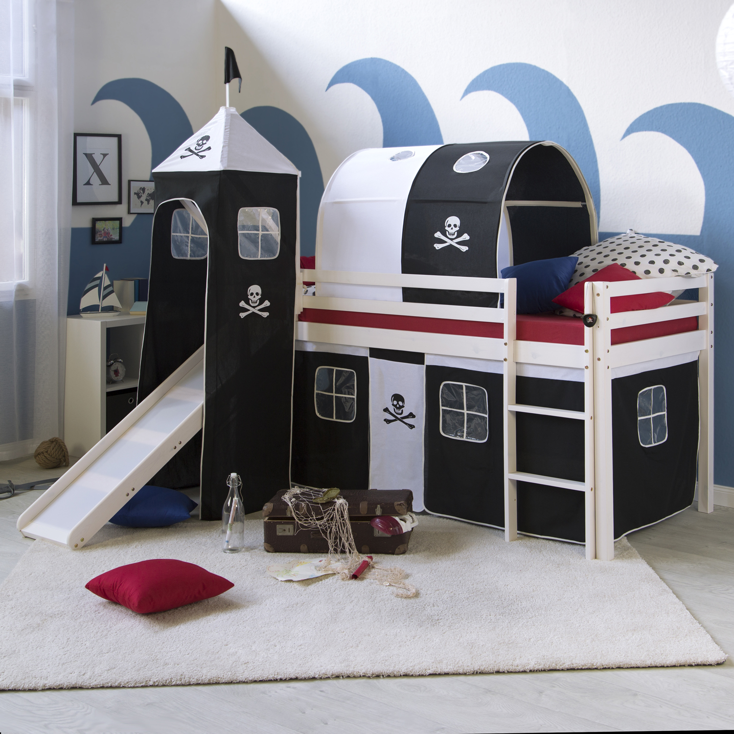 Loft Bed Kids 90x200 cm White with Curtain Black | Tunnel | Tower | Slide | without Slatted Frame Loftbed 90x200 cm Bunk bed Childrens bed Solid Pine Wood Tower Tunnel Curtain Black Pirate Slide Mattress Slats