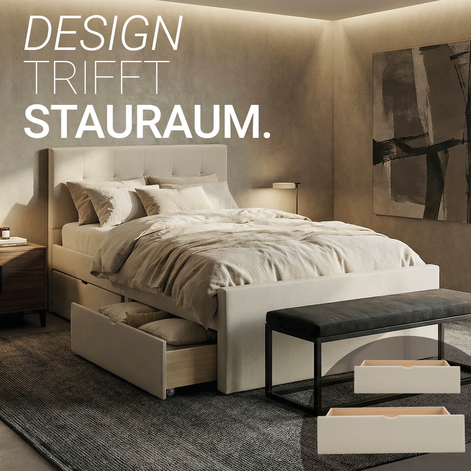 Upholstered bed 120x200 cm beige | with slatted frame | with 2 bed drawers | double fabric bed frame