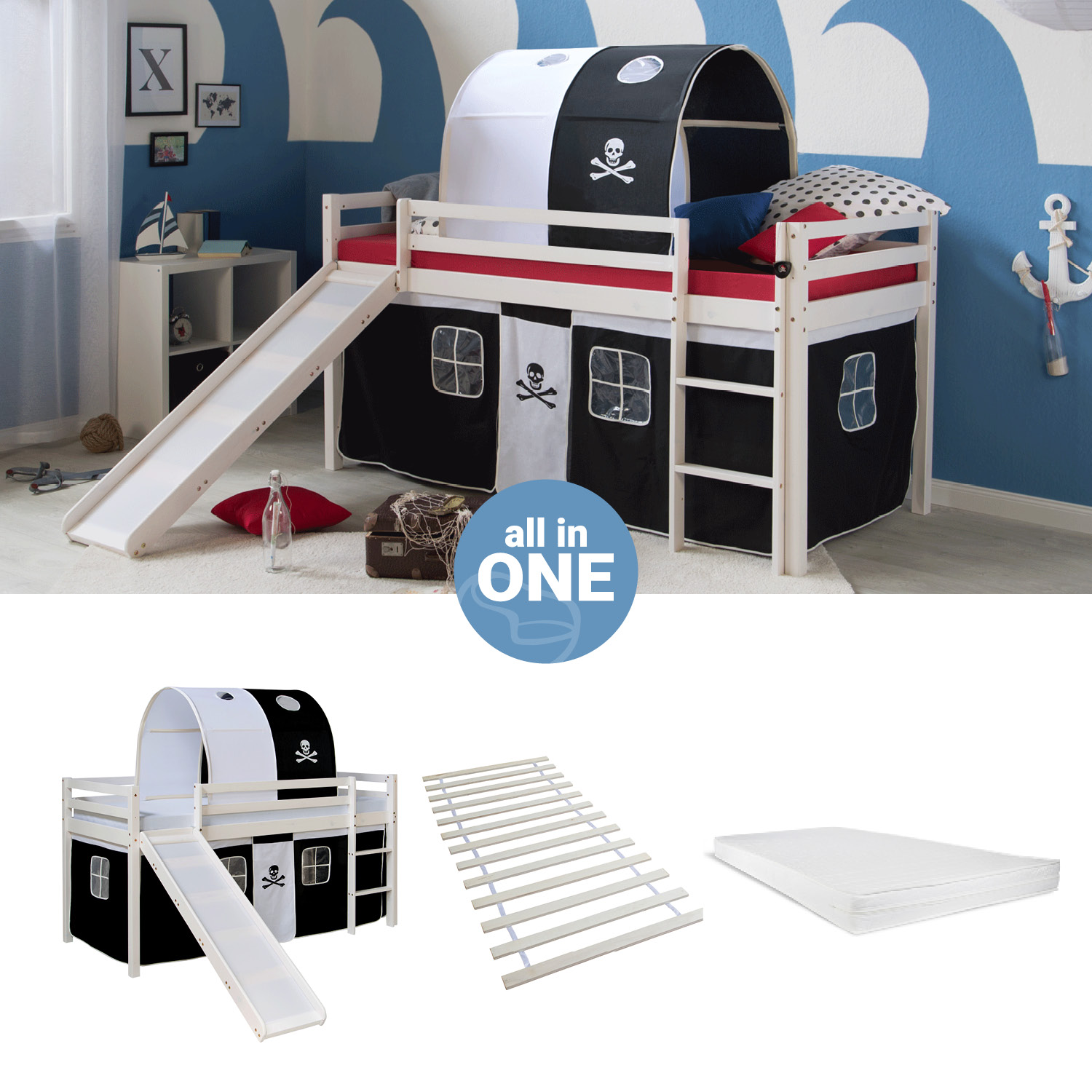 Loftbed with Mattress 90x200 cm Slide Bunk bed Childrens bed Solid Pine Wood Curtain Tunnel Black Pirate Slatts
