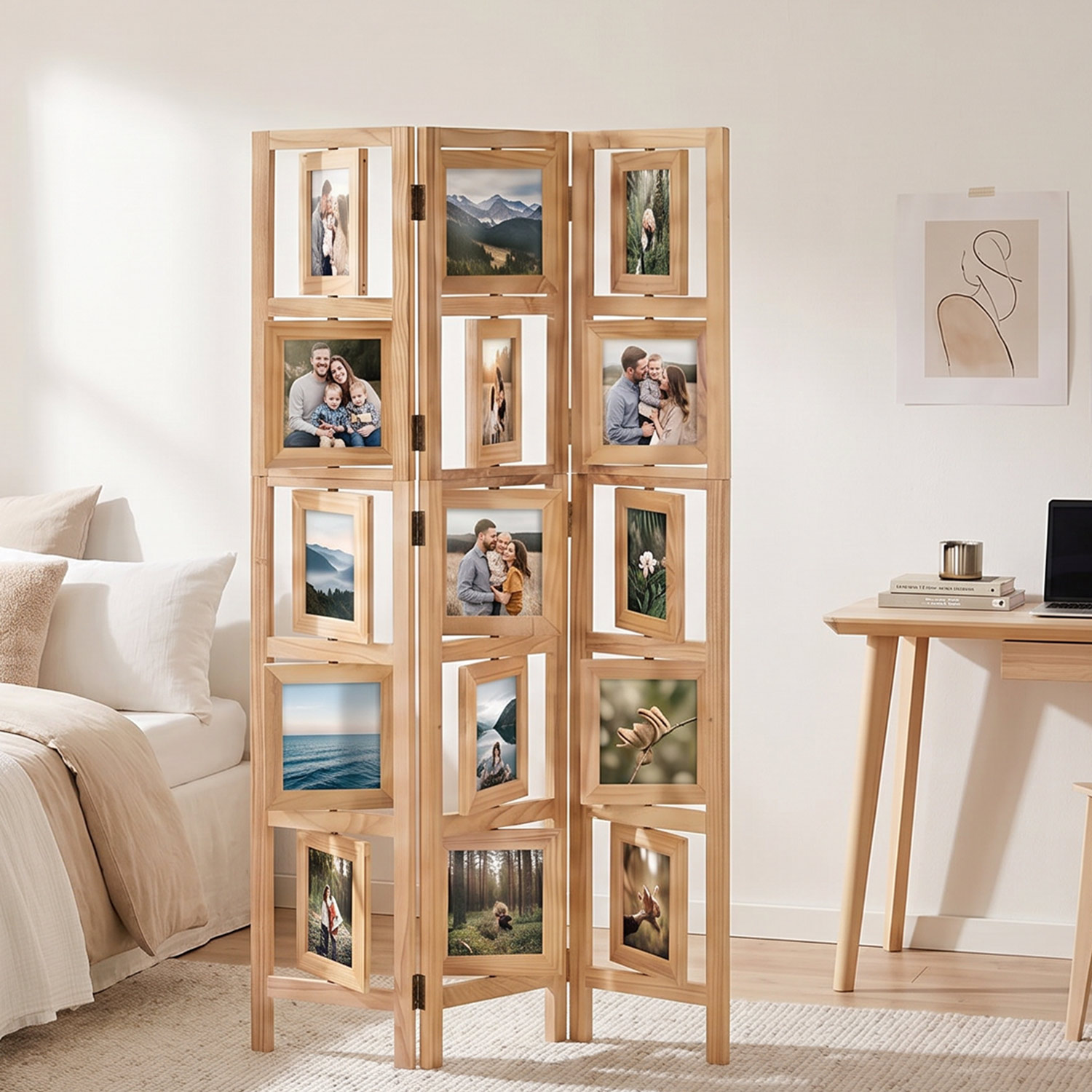 3-Panel "Nature" Folding Screen with Photos – Wooden Room Divider as a Photo Display