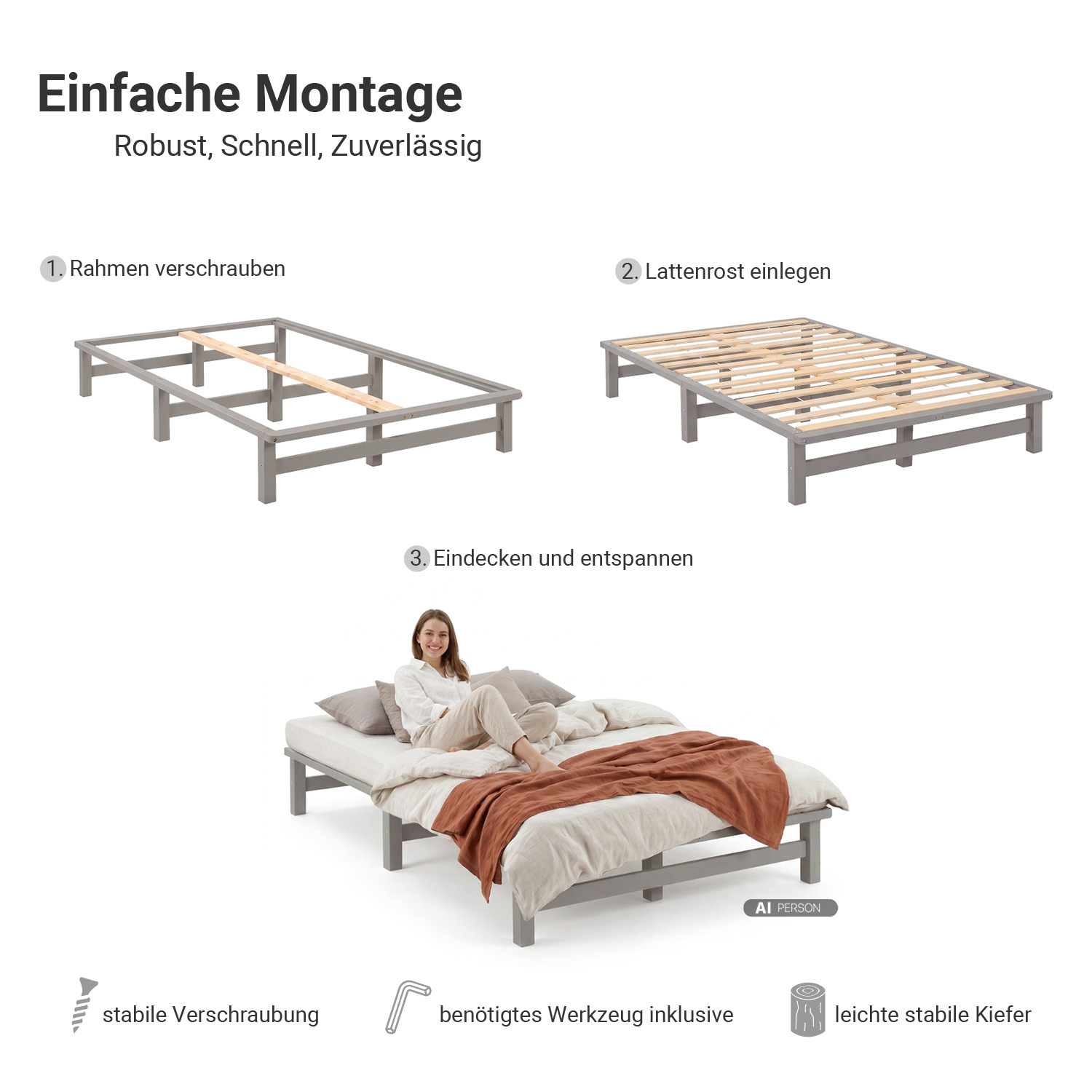 120x200 cm Grey Pallet Bed – Wooden Double Bed with Mattress & Slatted Base for Teen Rooms, Guest Rooms, and Bedrooms