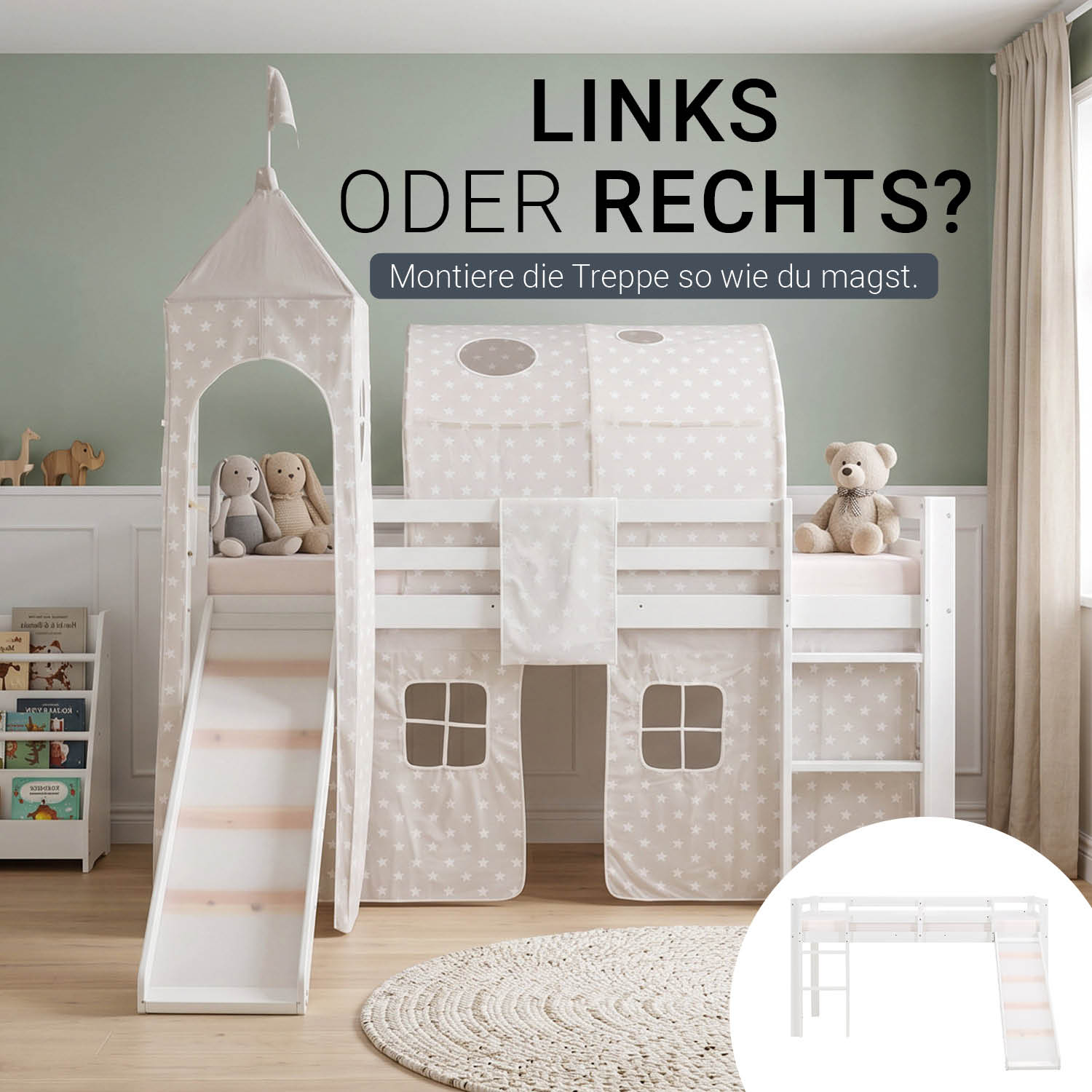 Children's Loft Bed 90x200 cm White with Star Curtain | Tunnel | Tower | Slide | Includes Slatted Base | Includes Mattress