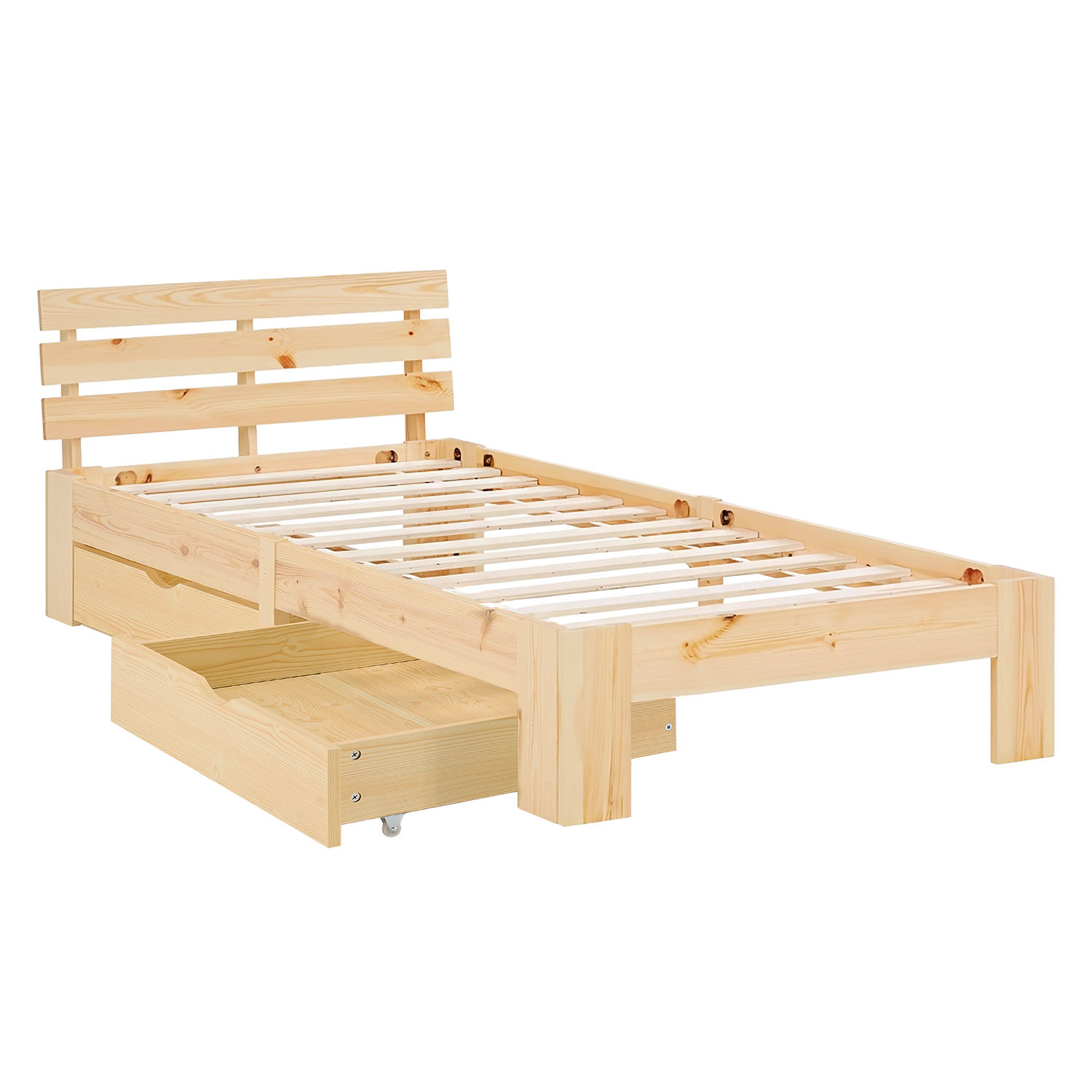 Wood Bed 90x200 cm Natural | Single Bed | with Mattress | 2 Drawers | Kids Youth Guest Bedroom