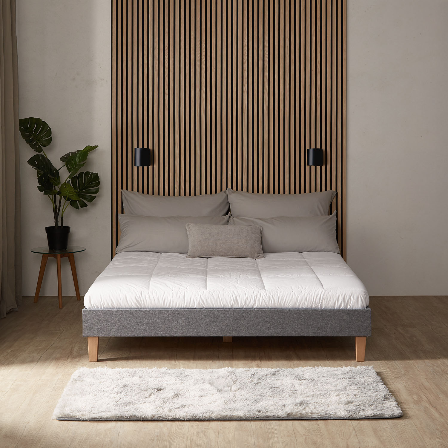 Upholstered Bed 160x200 cm Gray – Modern Futon Bed with Slatted Base | Minimalist Double Fabric Bed