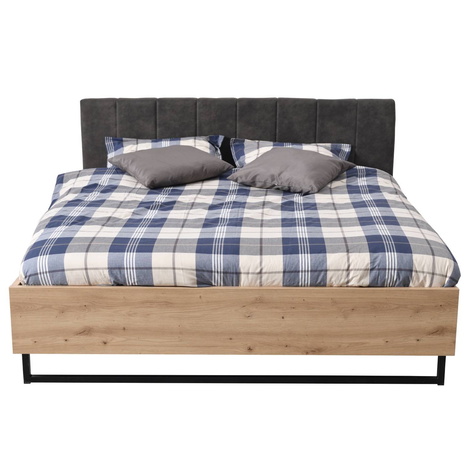 Wooden bed with upholstered headboard 180x200 cm oak und grey | with slatted frame | double fabric bed | industrial style