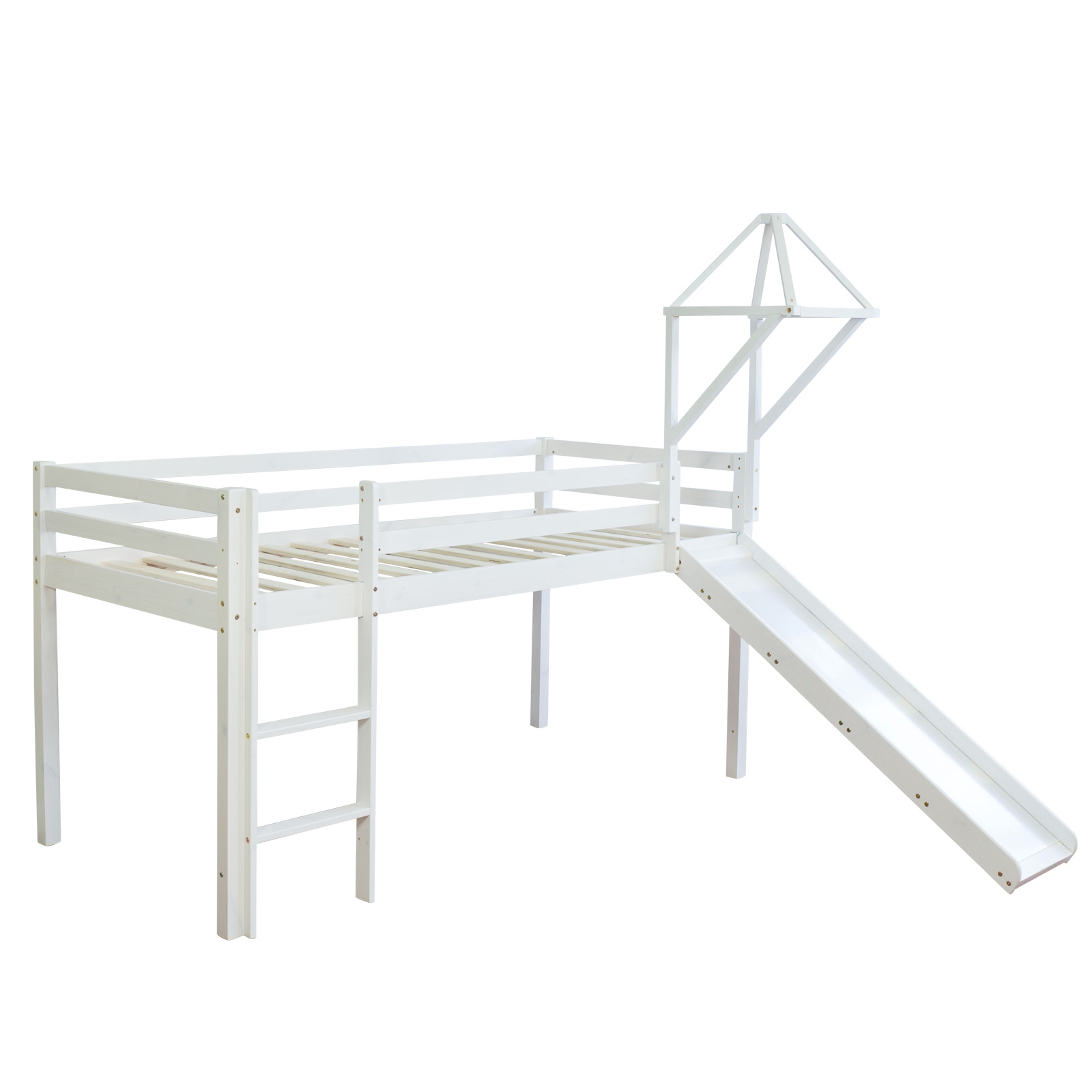 Loft Bed Kids 90x200 cm White with Curtain in Black | Tunnel | Tower | Slide | without Slatted Frame