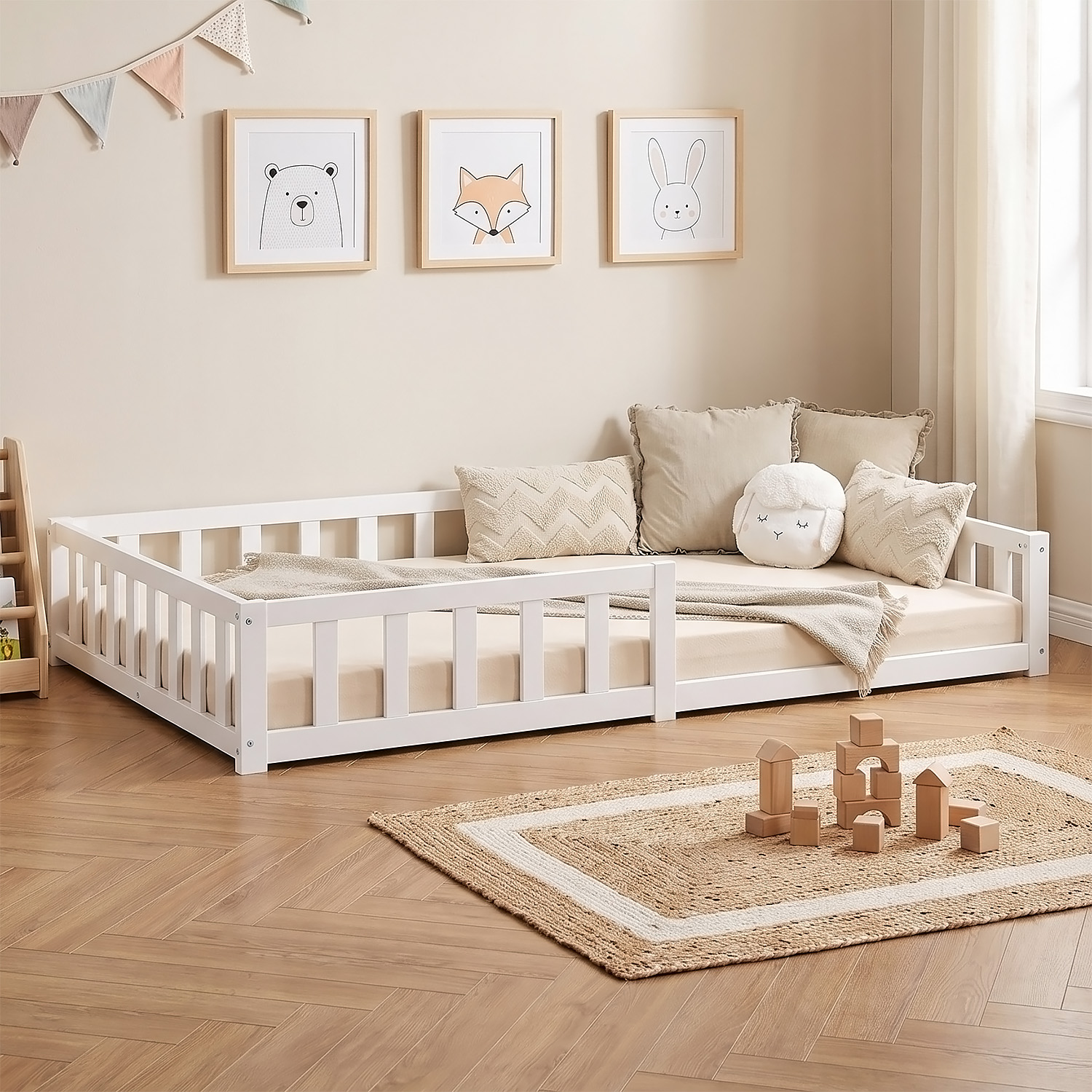 Montessori Crib 120x200 cm White with Safety Rail & Slatted Base – Solid Wood Crib