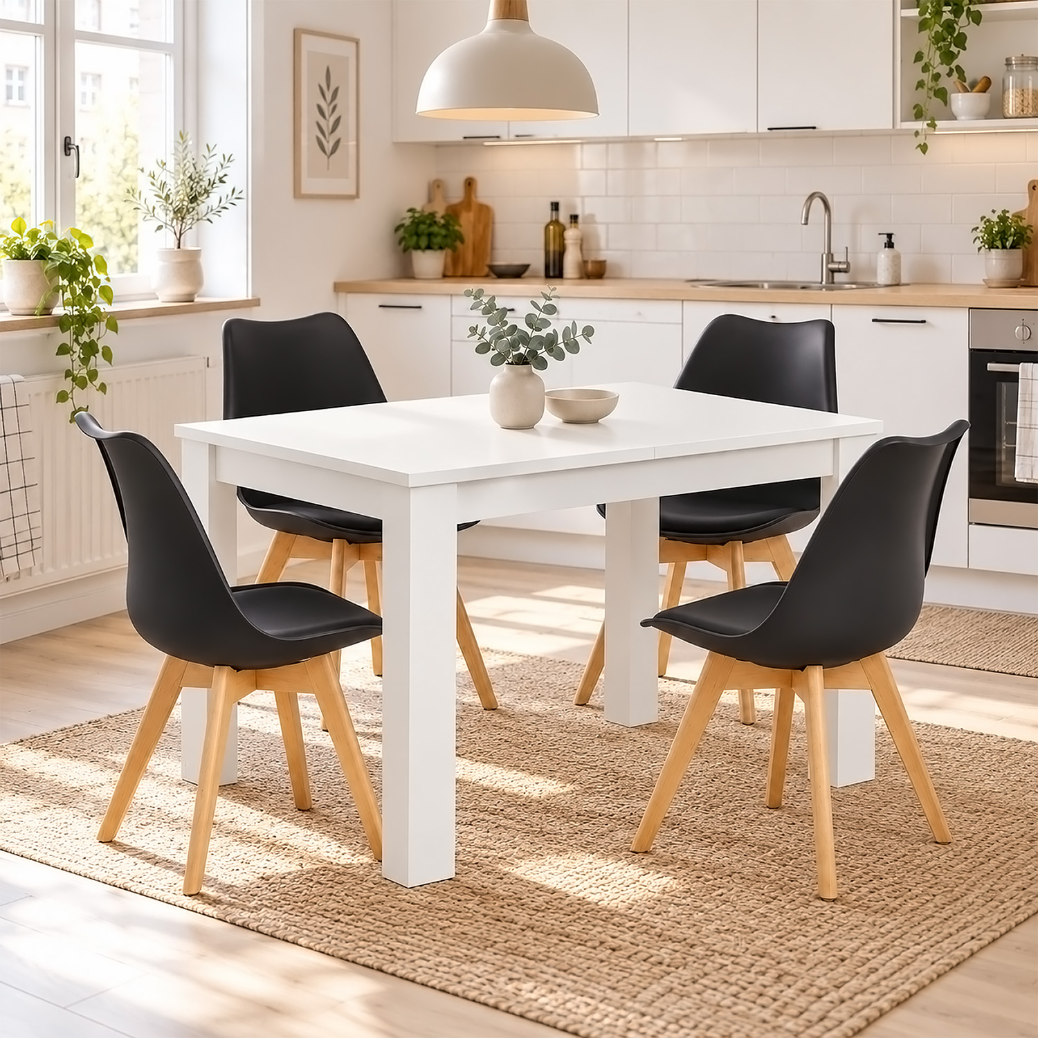 Esstisch mit 2 / 4 Stühlen Set Essgruppe Kunststoff Küchenstühle Weiß Schwarz Grau Holztisch 80 / 120x80 cm
