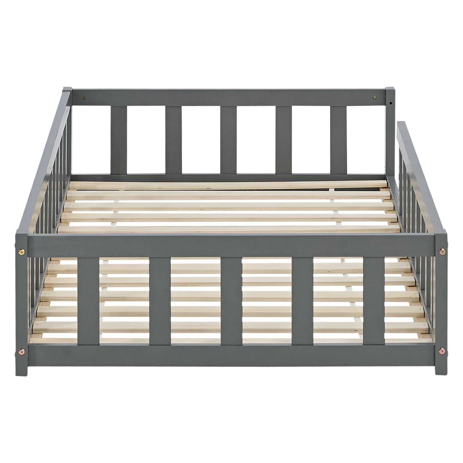 Children's Bed 90x200 Grey | Floor Bed with Mattress & Slatted Frame | with Fall Protection | Montessori