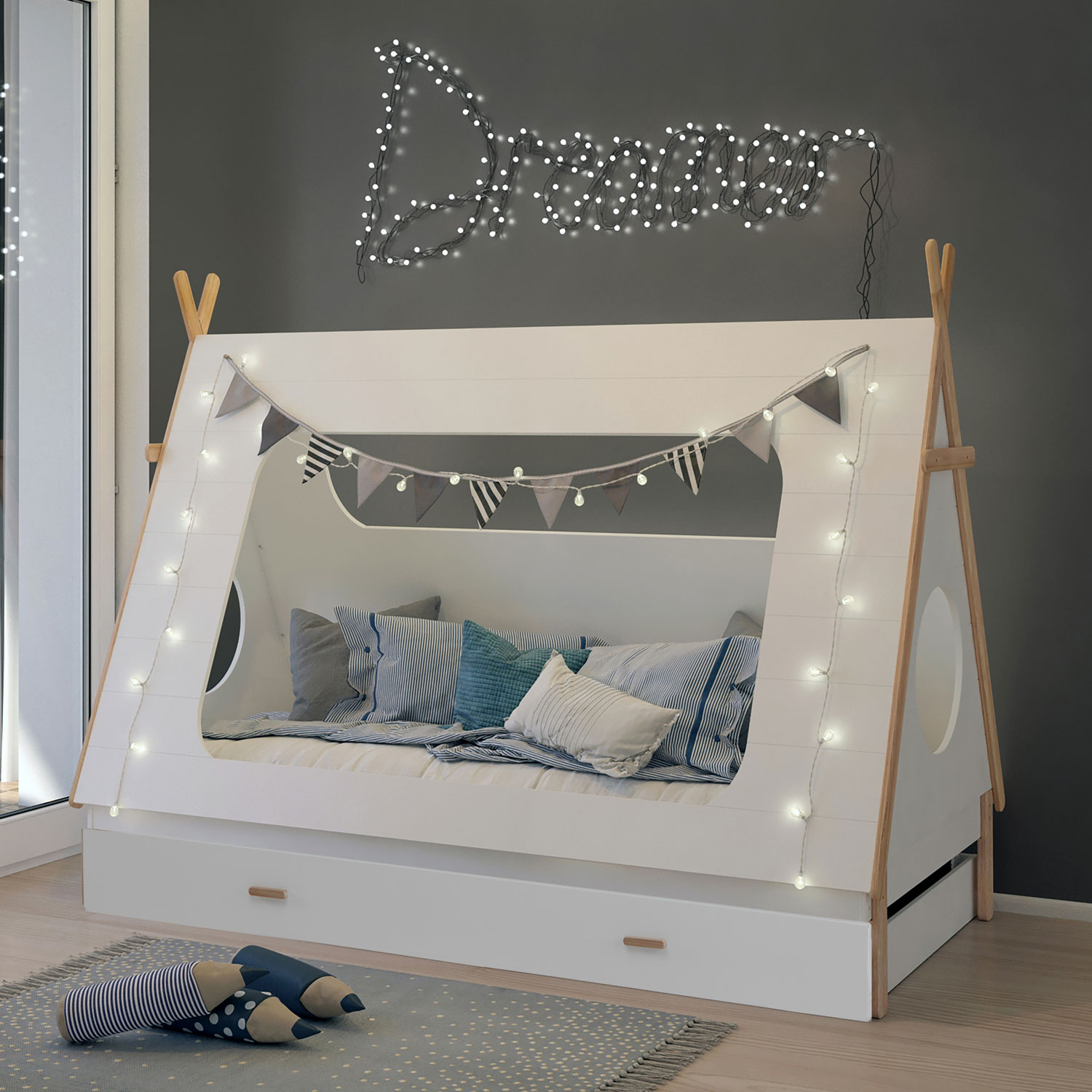TIPI House Bed Play Bed Wooden Bed 90x200 cm Pine White Children Bed Drawer