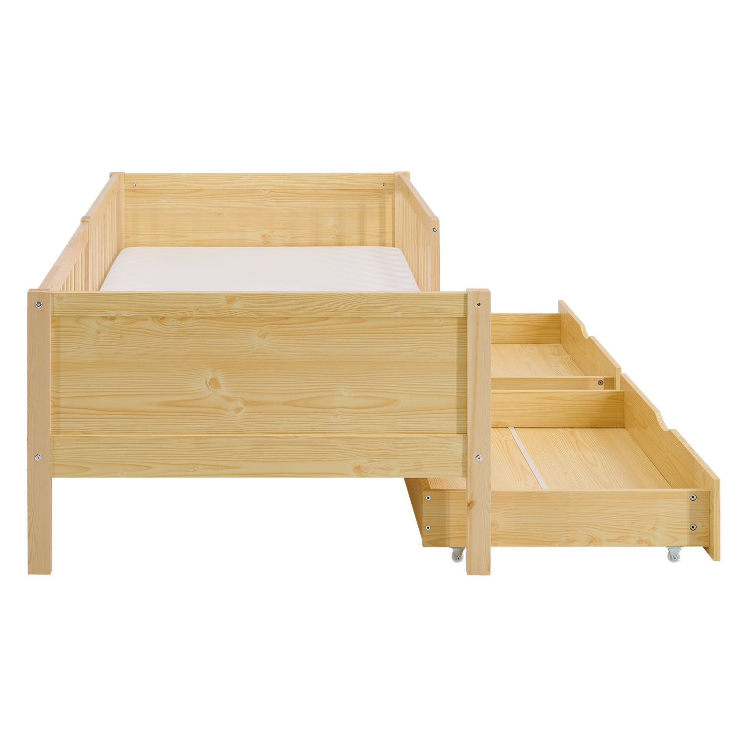 Children's Bed 90x200 cm Natural | Wooden bed with 2 drawers | Single Bed | with Slatted Frame | Fall Protection