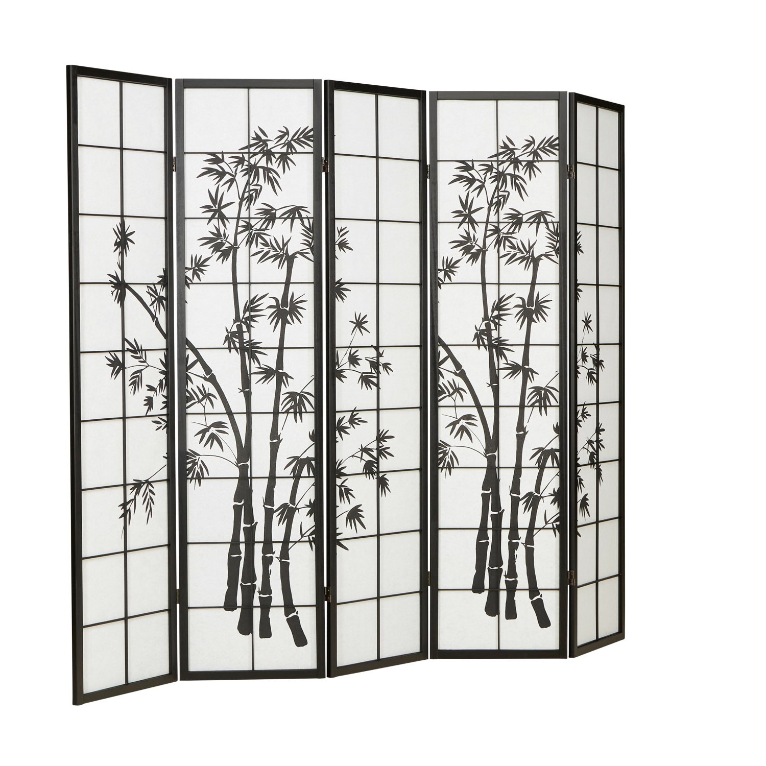 Paravent room divider 5 pieces, wood black, rice paper white, bamboo pattern, height 179 cm	
