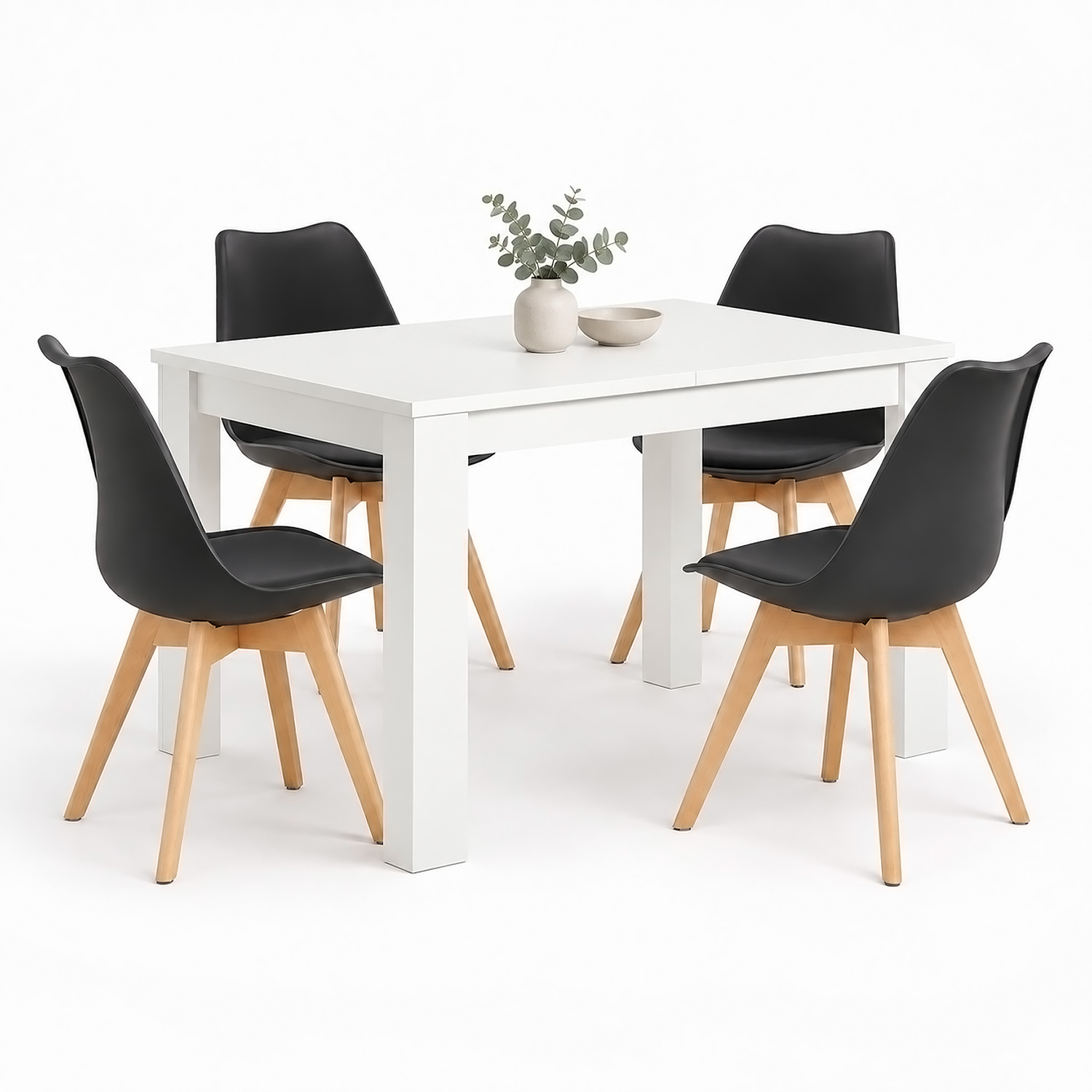 Dining Set (5-Piece): 120x80 cm white extendable dining table with 4 black plastic chairs and wooden legs