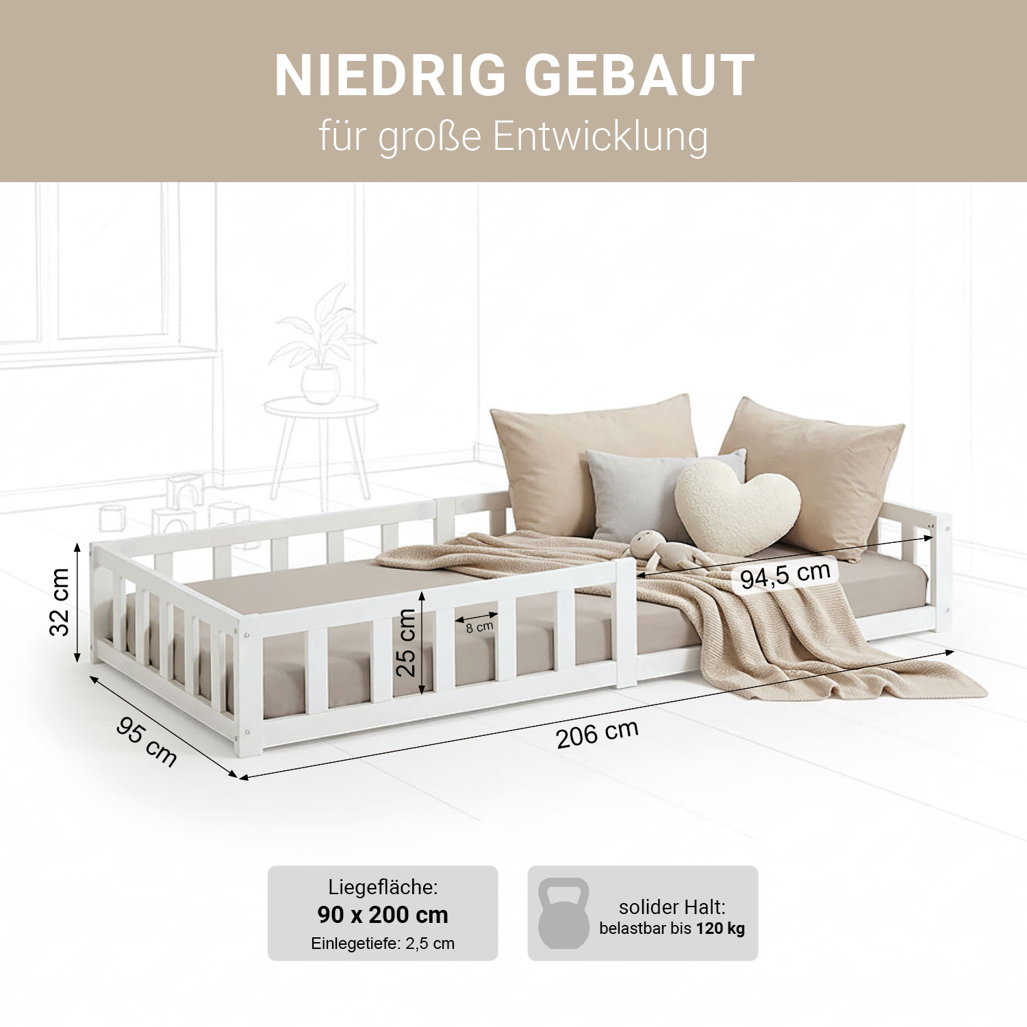 Montessori Crib 90x200 cm White, Includes Mattress & Slatted Base – Floor-Level Crib with Safety Rail Made of Solid Wood
