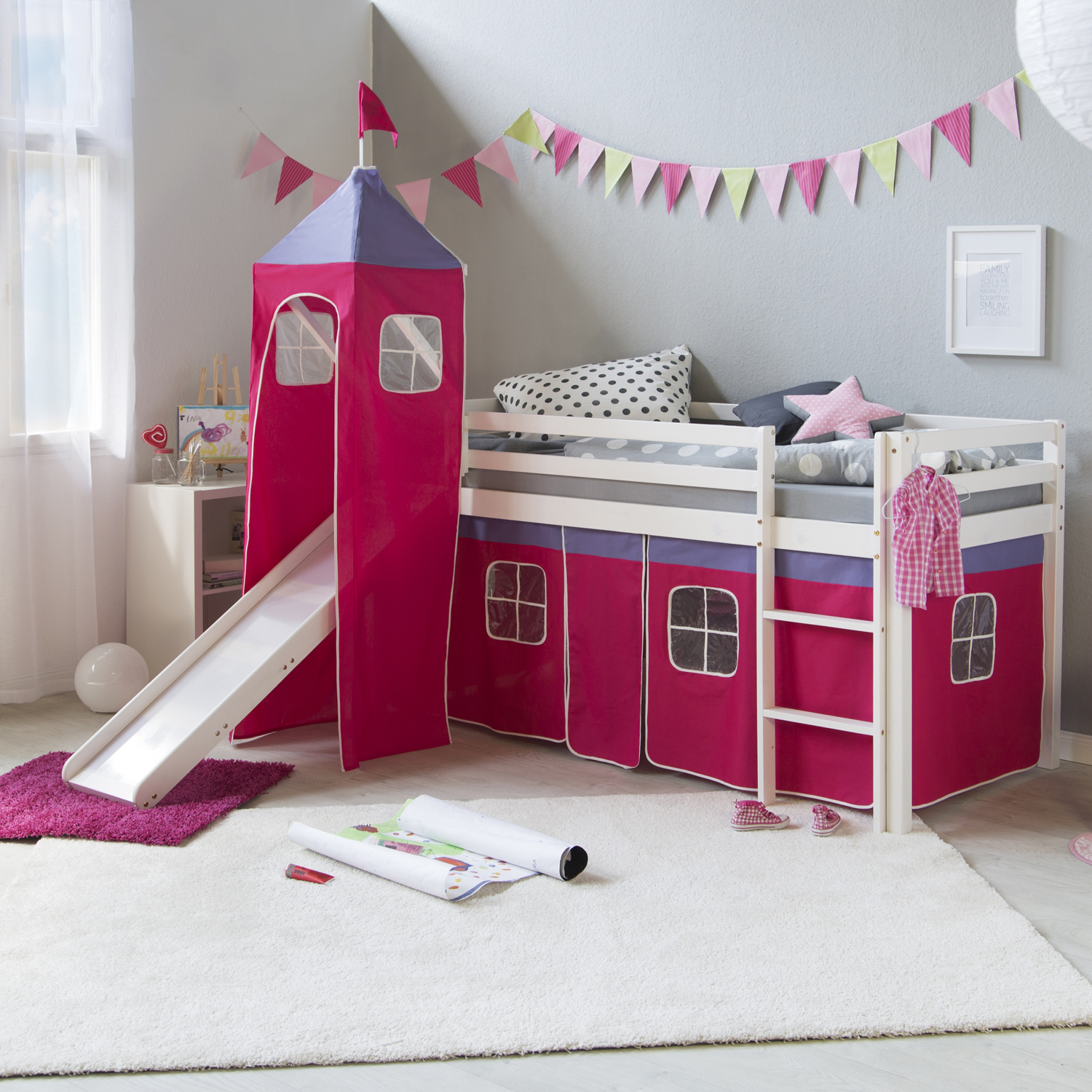 Loft Bed Kids 90x200 cm White with Curtain in Pink | Tower | Slide | without Slatted Frame Loftbed 90x200 cm with Tower Slide Mattress Bunk bed Childrens bed Solid Pine Wood Slats Curtain Pink