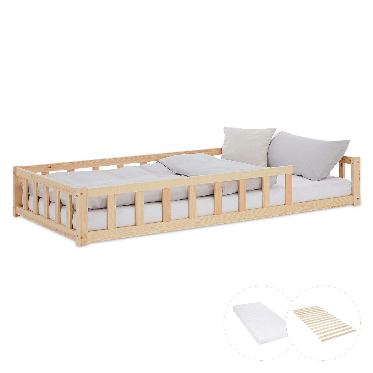 Children's Bed 90x200 Natural | Floor Bed with Mattress & Slatted Frame | with Fall Protection | Montessori