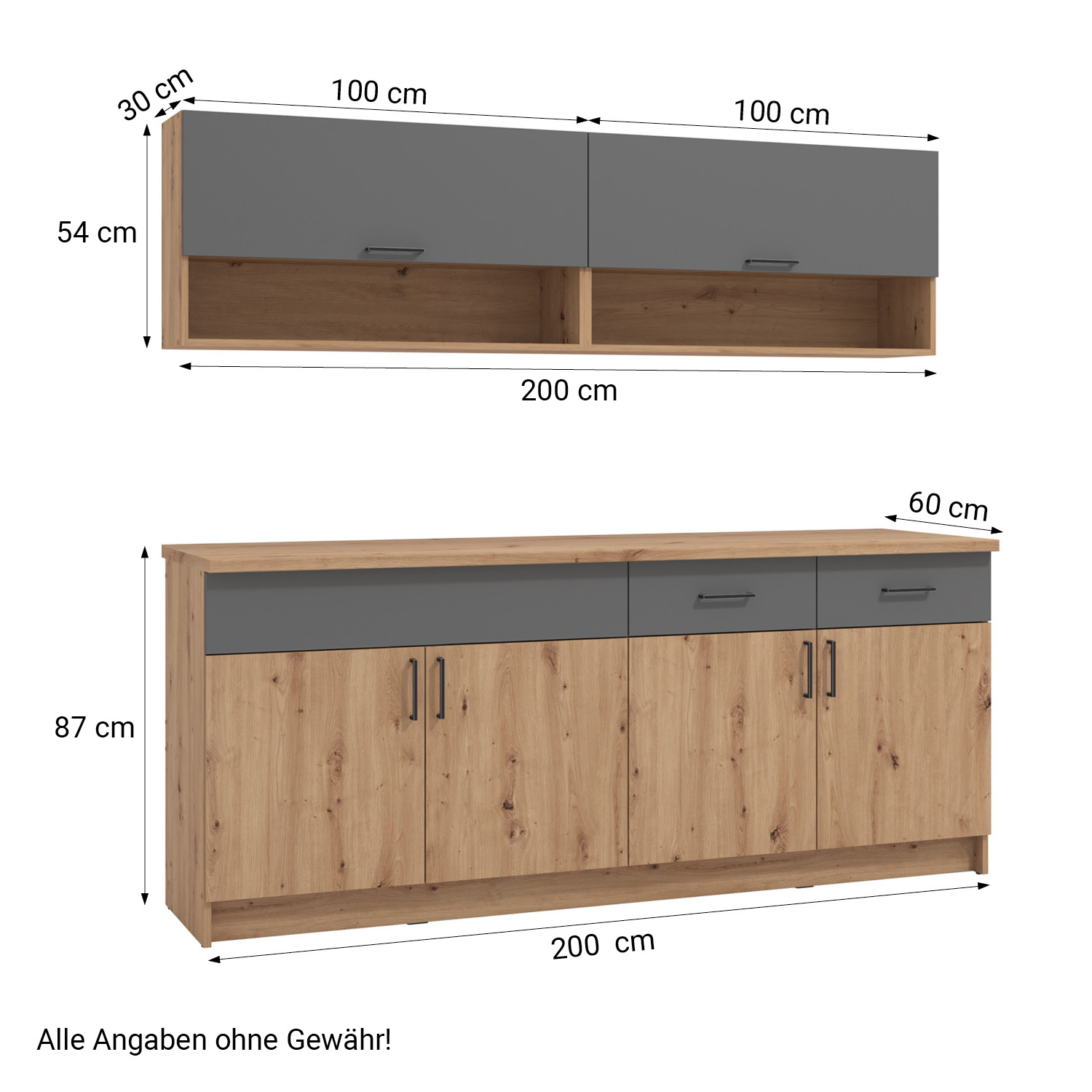 Moderne Küche Holz Eiche 200 cm Küchenzeile ohne Geräte Grau Einbauküche Singleküche Küchenschränke