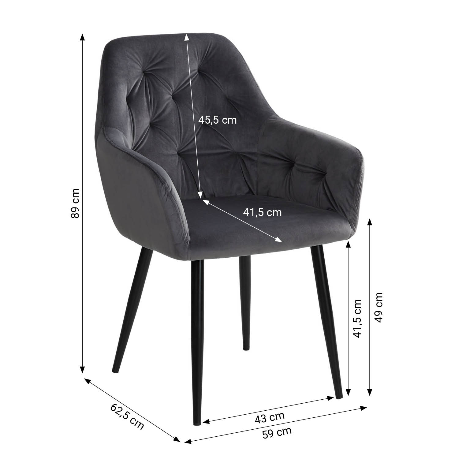 Upholstered Chair Velvet Grey | Set of 2 | with Armrests | Kitchen Dining Room Office