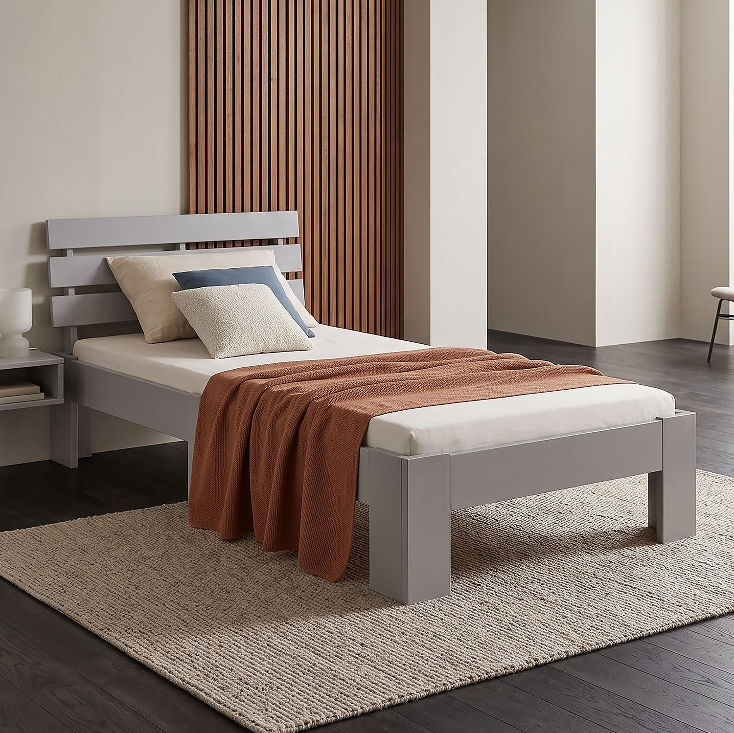 Wood Bed 90x200 cm Grey | Single Bed | with Spring Mattress | Solid | Youth Guest Bedroom