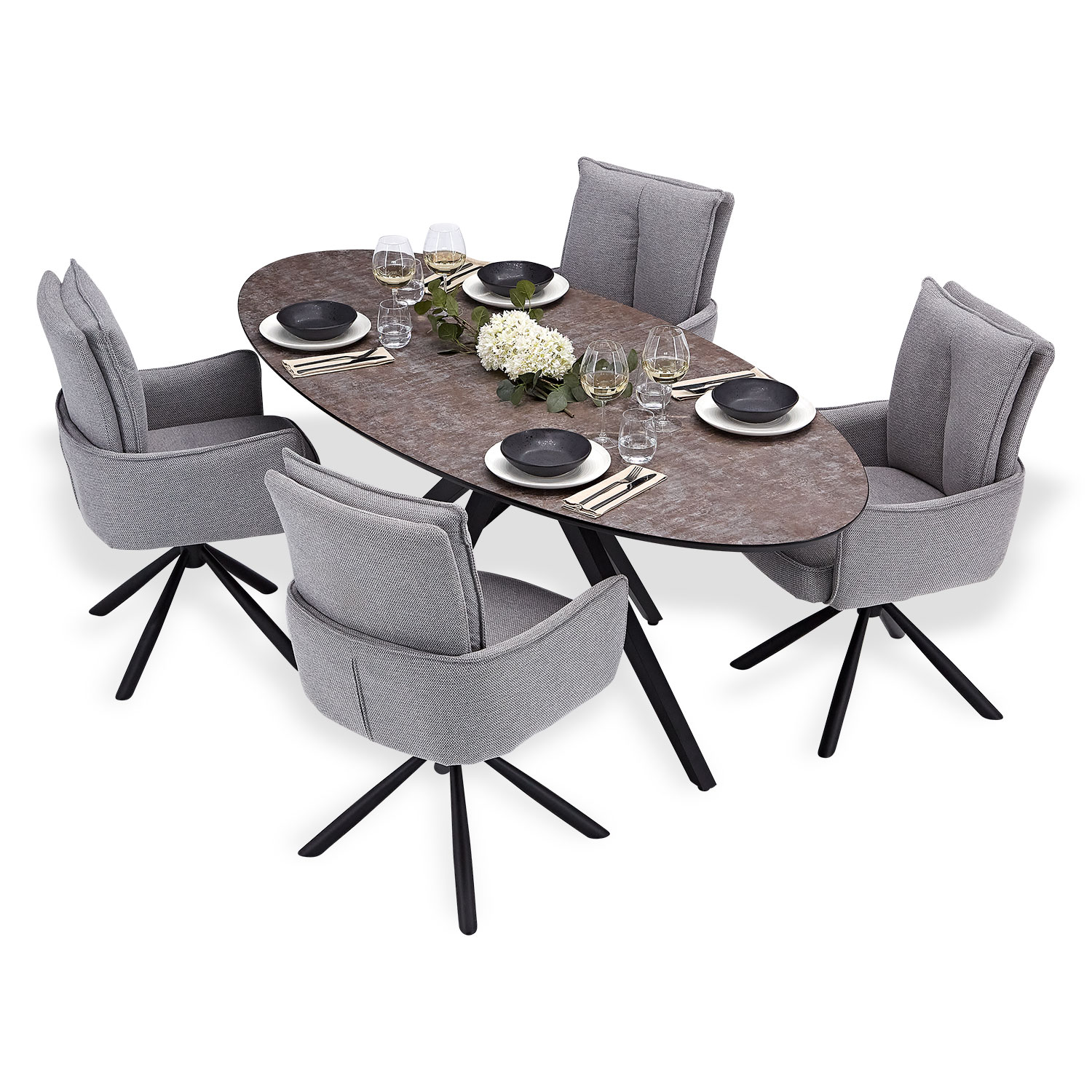 Dining set | 4-piece set upholstered chairs grey with armrest | swivel | dining table brown metal frame oval 200 cm