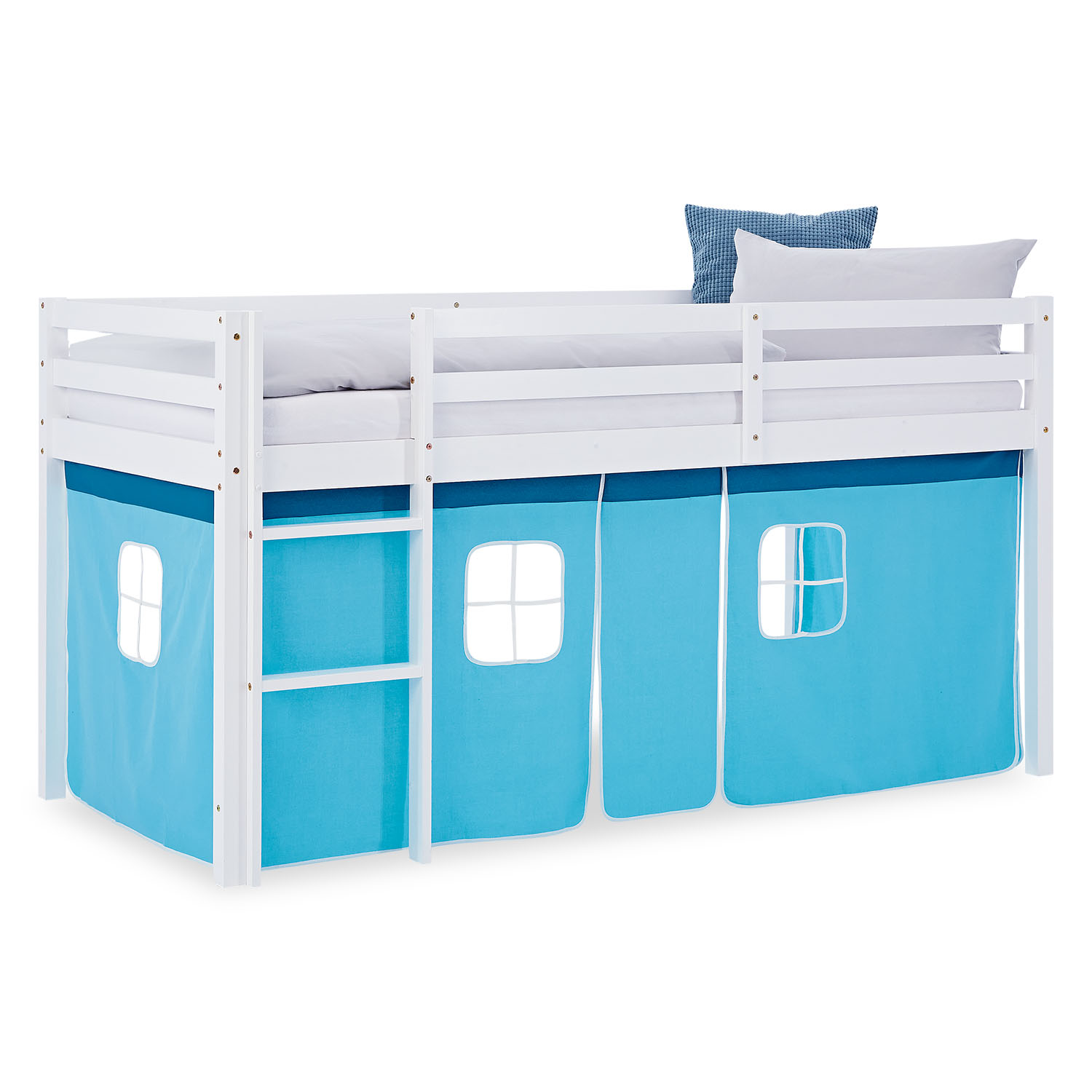 White mid-height kids? bed with blue curtains and window details ? solid wood bed with ladder, perfect for a nautical-themed boys? bedroom