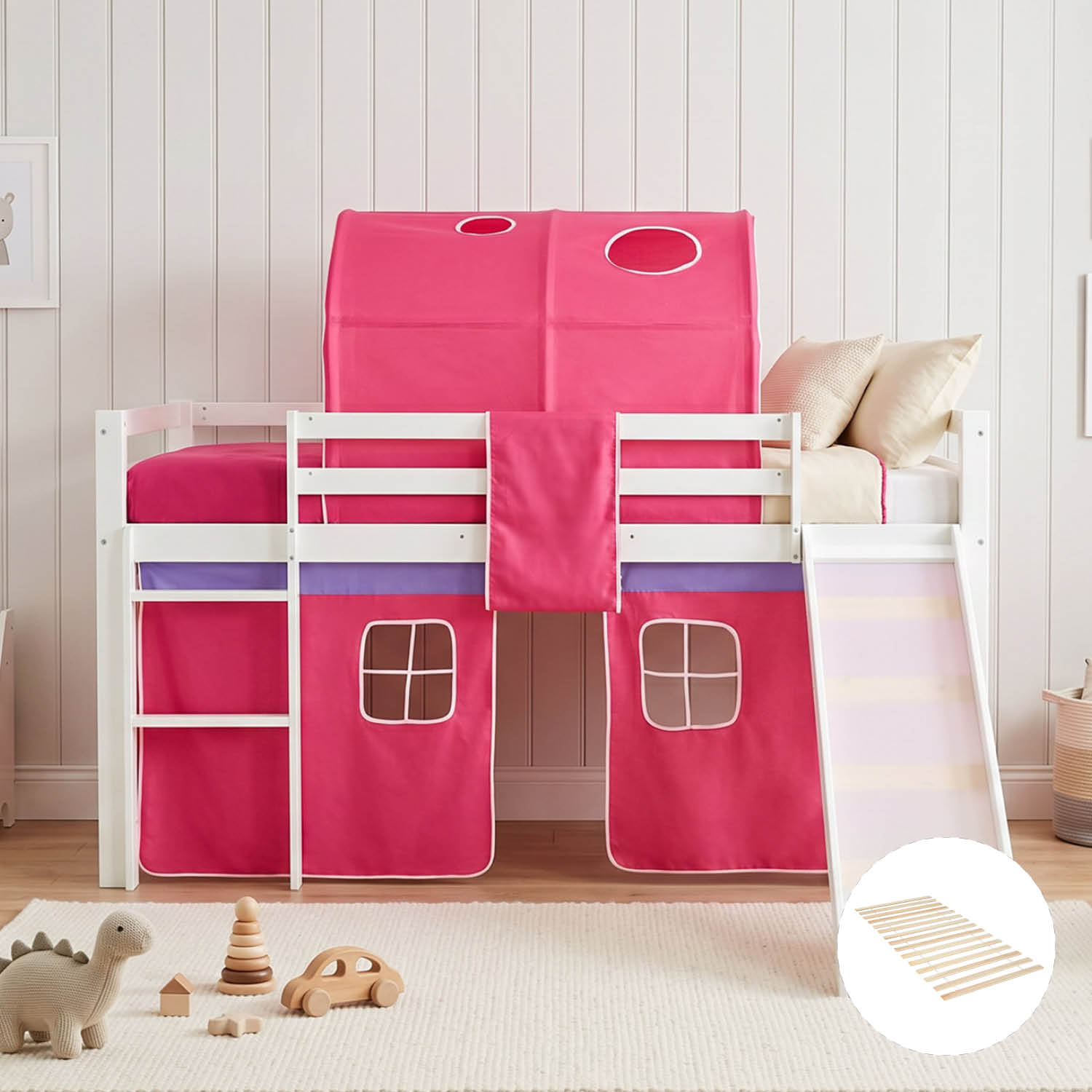 Children's Loft Bed 90x200 cm, White with Pink Curtain | Tunnel | Slide | Includes Slatted Base