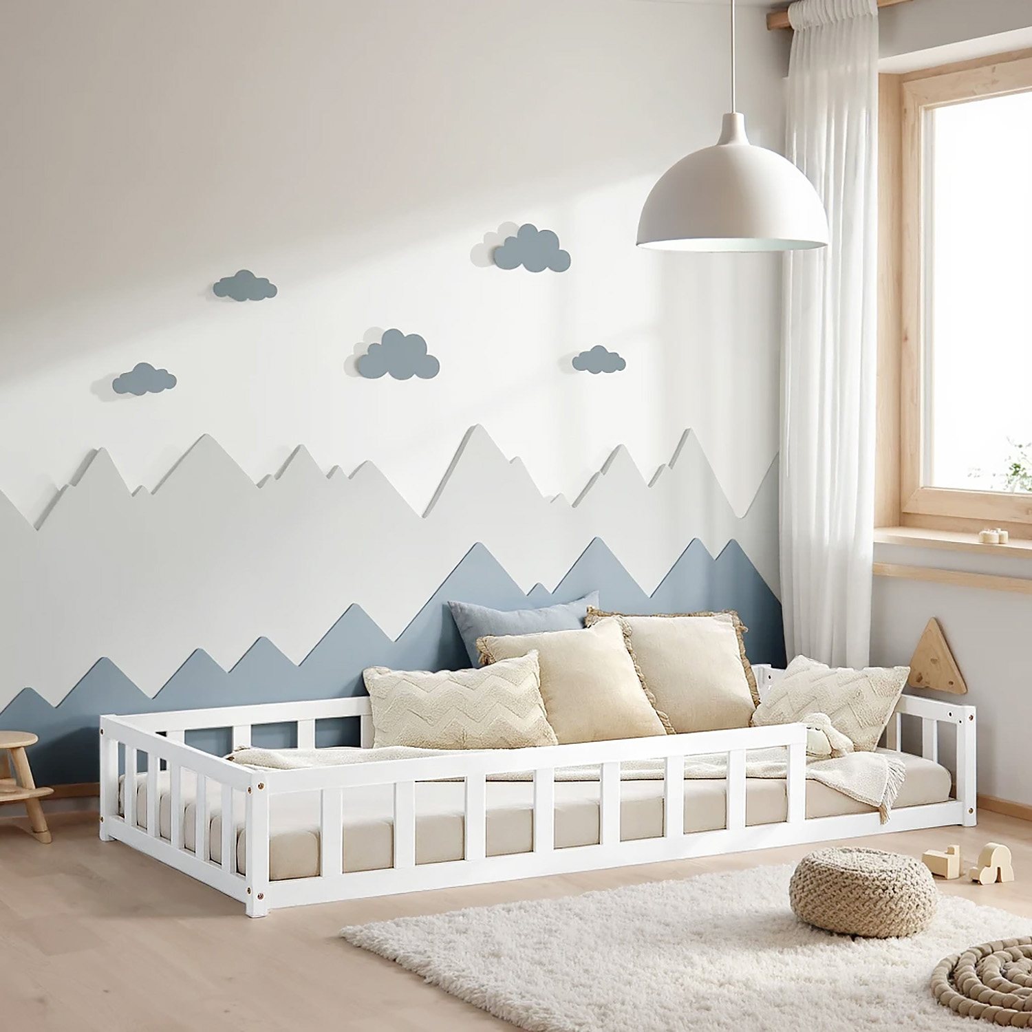 Children's Bed 90x200 White | Floor Bed with Mattress & Slatted Frame | with Fall Protection | Montessori